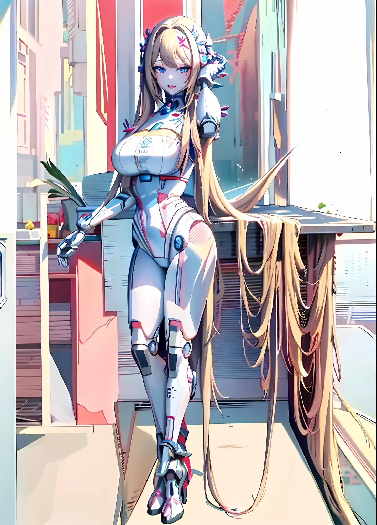 anime girl with long blonde hair and blue eyes posing, android heroine, perfect android girl, anime manga robot!! anime girl, seductive anime girl, biomechanical oppai, blonde anime girl with long hair, twintails white_gloves, white cyan, fully robotic!! girl, anime goddess, anime best girl, gynoid body, female anime character