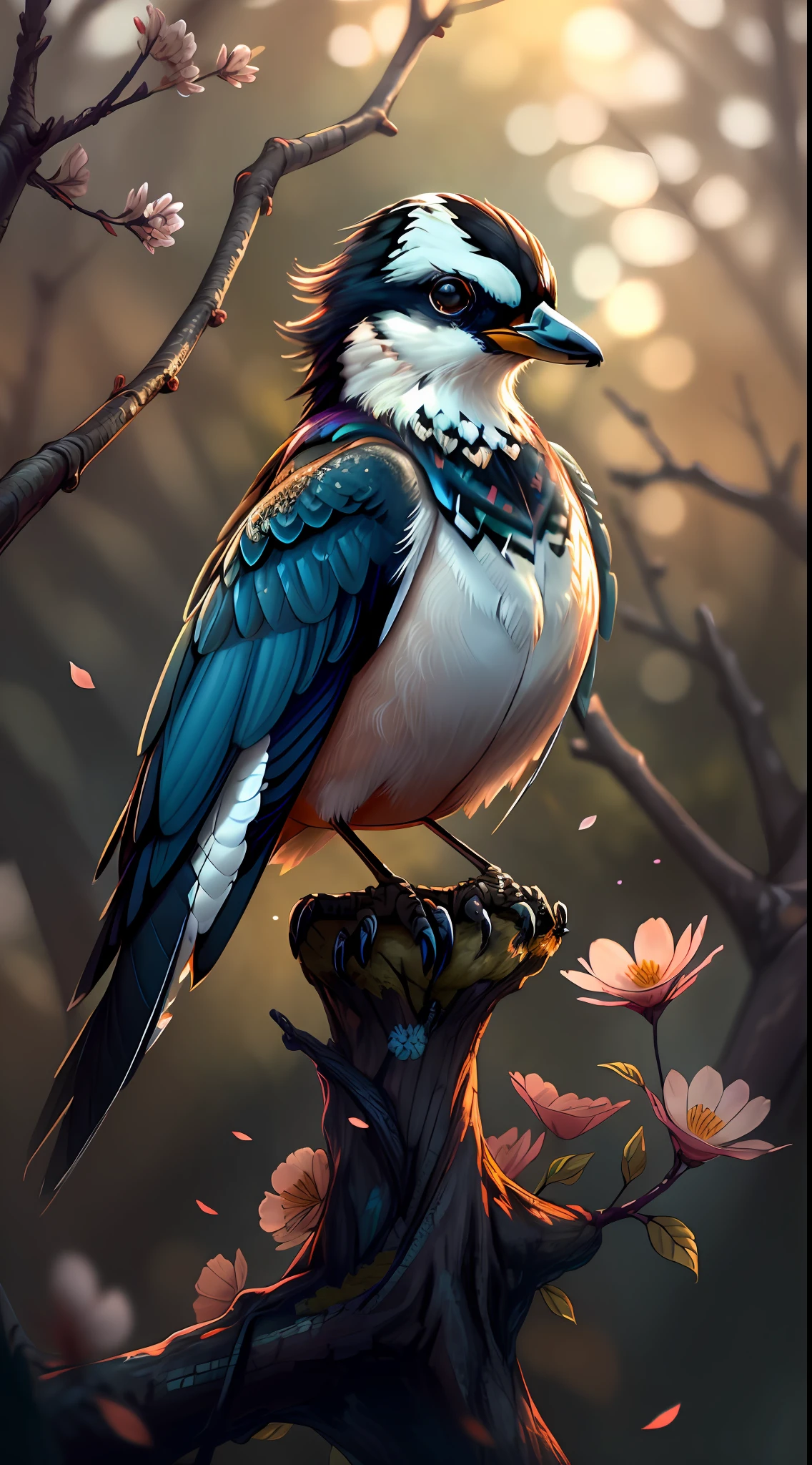 Magpie, a type of bird, magpie with branches in the forest, wings slightly open, vista, bokeh flowers in background, sunrise, vista, 8k, beautiful, colorful, masterpiece, top quality, best quality, official art, beautiful and beautiful,