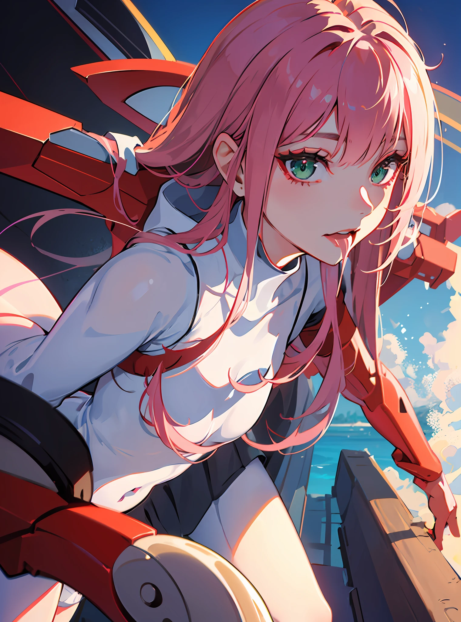 zero two \(darling in franxx\), darling in franxx, 1girl, side, fringe, selfie, bite, shadow, green eyes, hair behind head, horns, long hair, makeup, small breasts, pilot suit, white bodysuit, pink hair, red eyeshadow, science fiction, tight skin, solo