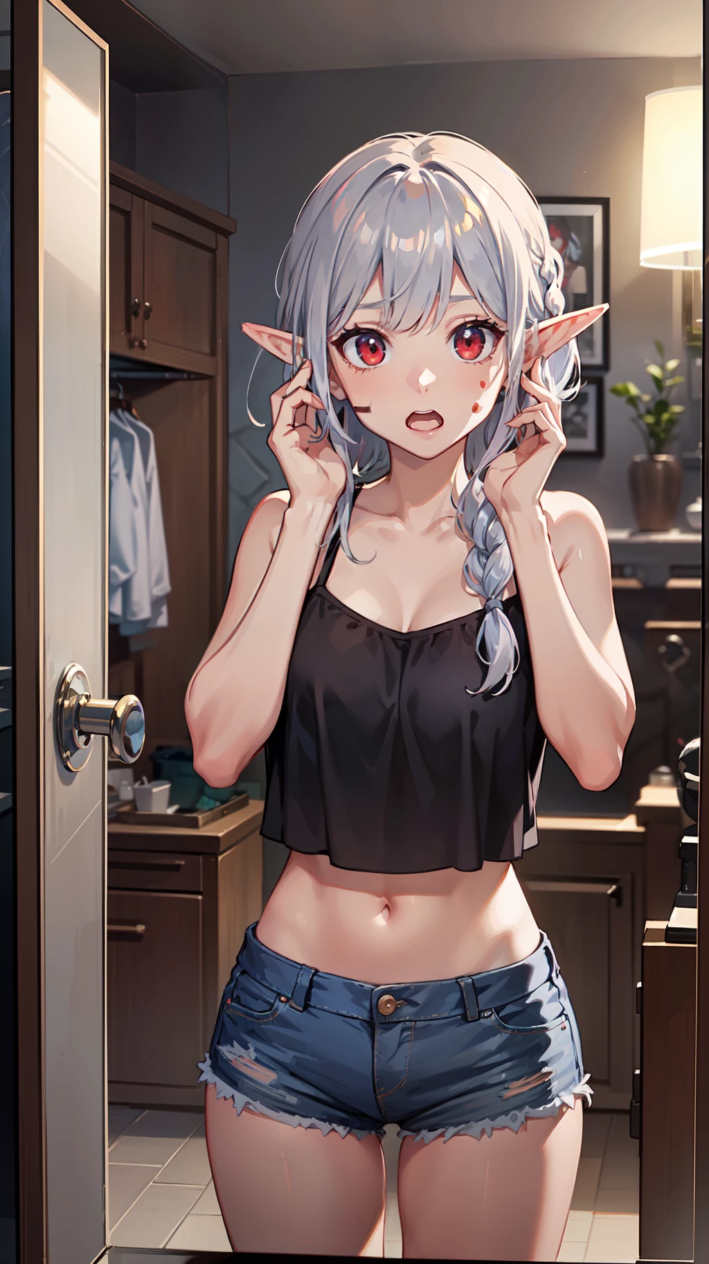 ((Put your hands on your face)), ((surprised)), (Red face), 1 girl full body, Elf, Silver hair, Red eyes, Braid hair, Bob cut, Camisole, Hot pants, Indoors, Mirror, TS, Concept art, Beautiful anime scene, Beautiful anime scene, Best quality, Masterpiece, 4K