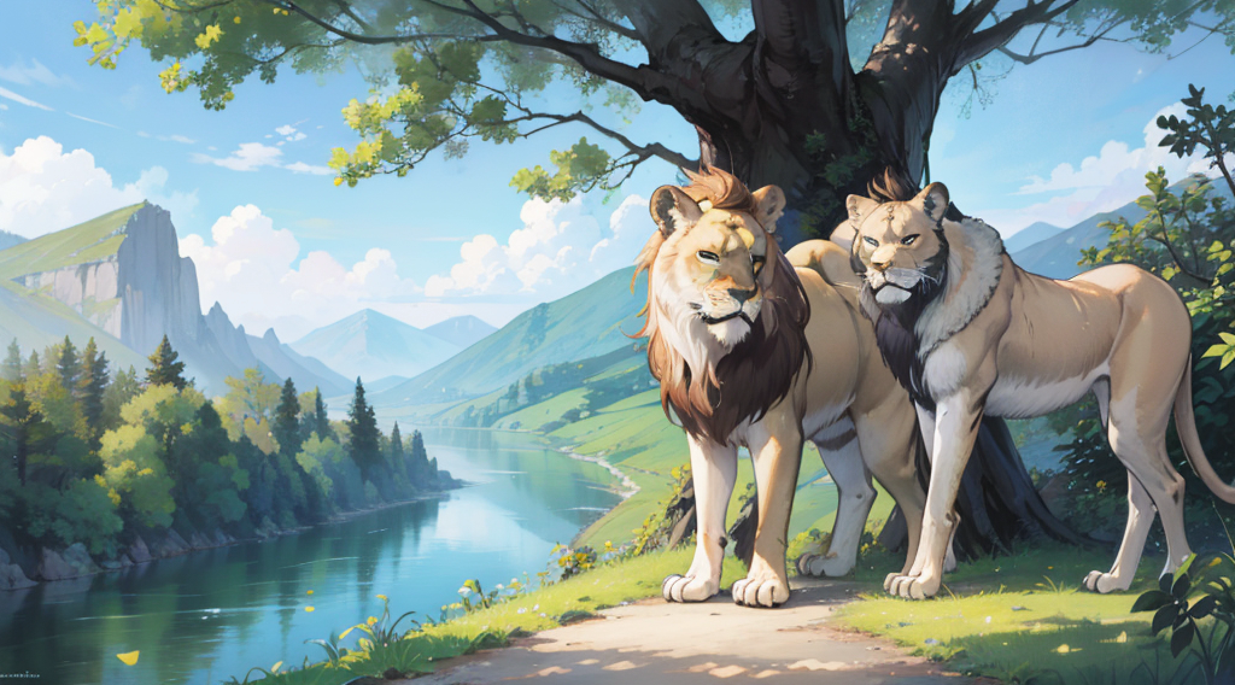Behind the mountain and tree, two lions in the middle, the male lion is on the left, the head is biased to the left, the lioness is on the right, the head is tilted to the right, the lion is stepping on something under his feet, his expression is mighty and domineering, and in front of him is a small river winding forward.