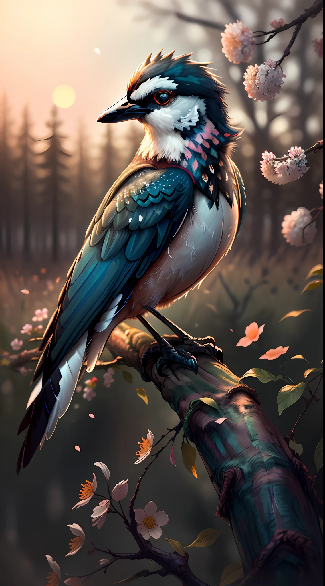 Magpie, a type of bird, magpie with branches in the forest, vista, bokeh flowers in the background, sunrise, vista, 8k, beautiful, colorful, masterpiece, top quality, best quality, official art, beautiful and beautiful,