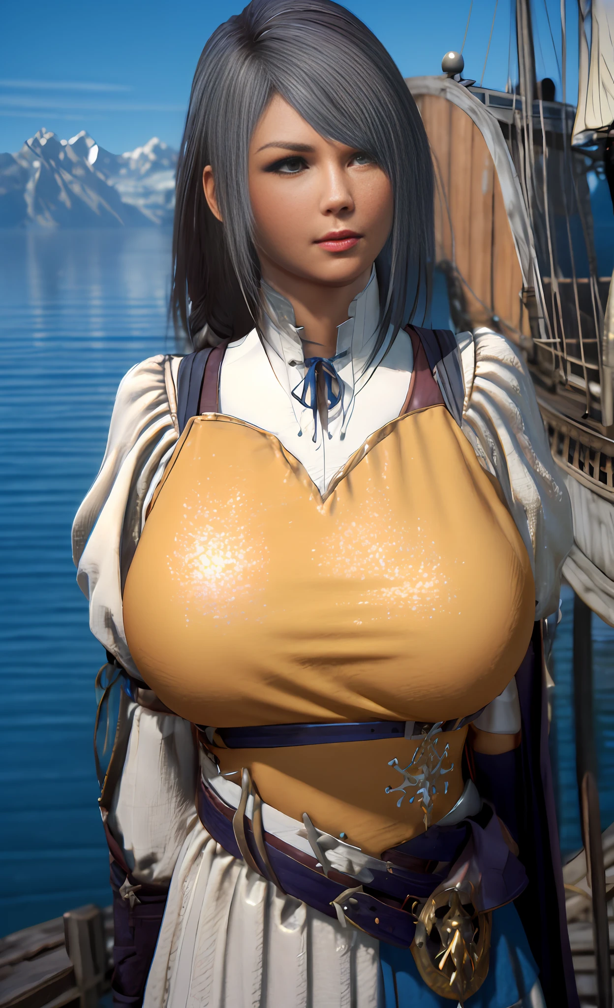 there is a woman in a blue dress standing on a boat, wearing shiny breastplate, fluffy chest, sfw huge breasts, hyperdetailed fantasy character, 4 k detail fantasy, oversized pauldrons, detailed armor with white scarf, breasts covered and sfw, render of mirabel madrigal, big breasts!, dressed like a cleric, big chest, cinematic bust shot