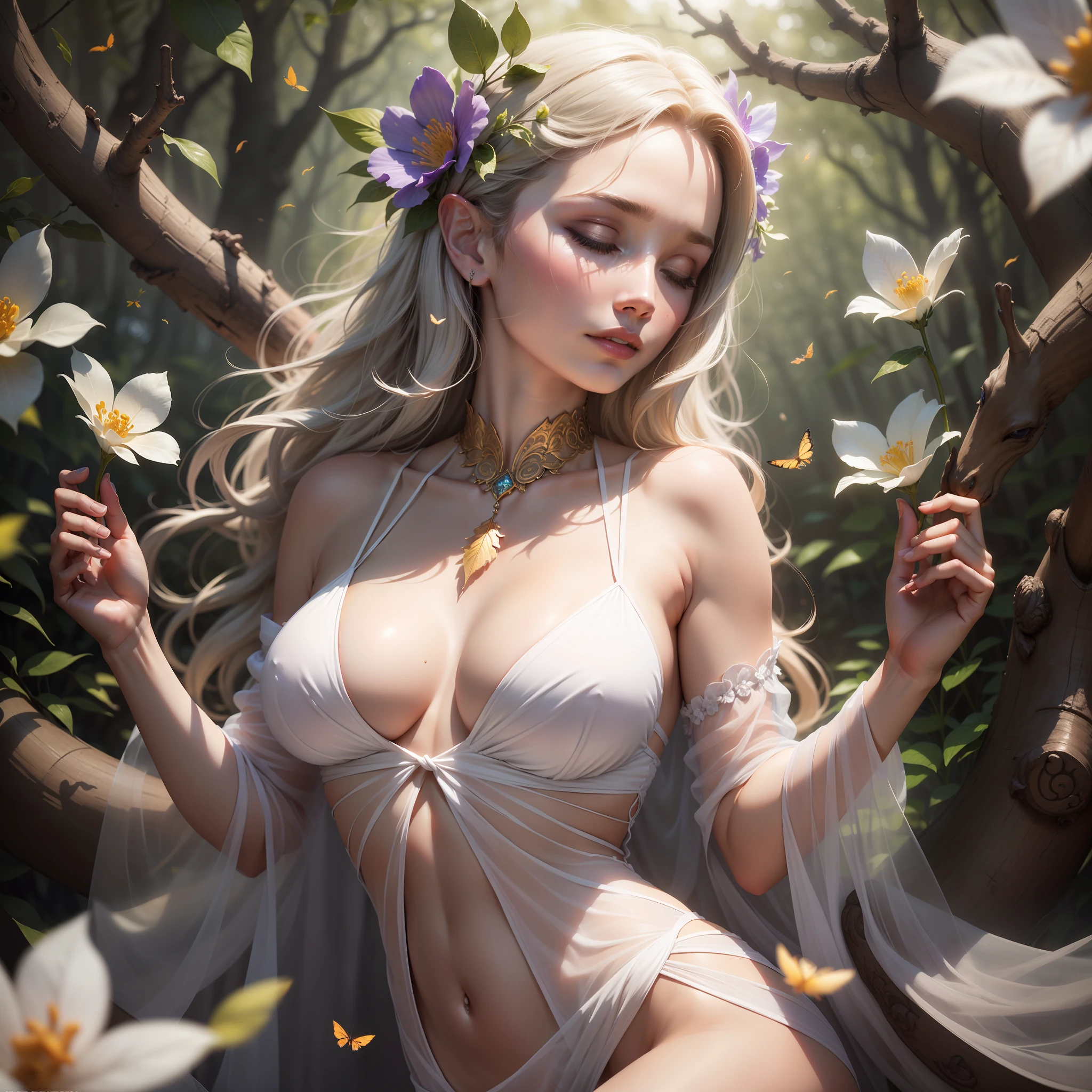(8k, RAW photo, realistic, photo-realistic, hyper-realistic, highest quality, best quality, masterpiece, highly detailed, absurdres:1.2), 

([Emily Browning:Gemma Arterton]), 1girl, solo, fey, elf, fairy, fantasy,dark shin

fairy circle, surrounded by flowers, delicate features, golden hair, golden hour, mystical aura, serene expression, delicate features, eyes closed, in meditation, surrounded by woodland creatures, hair adorned with flowers, wearing a sheer sundress made of leaves, no , surrounded by butterf, surrounded by birds, surrounded by sunlight,

(large breasts:1.2wers:1.1), floating petals, see-through, translucent, braless, pale ivory white skin,
(ultra-detailed 16k skin texture with slight imperfections:1.2),

Eggplant and Dendelion colour palette, 

ultra-sharp focus, shallow depth of field, Volumetric lighting, specular lighting , Global illumination, Volumetric Fog , Silhouette