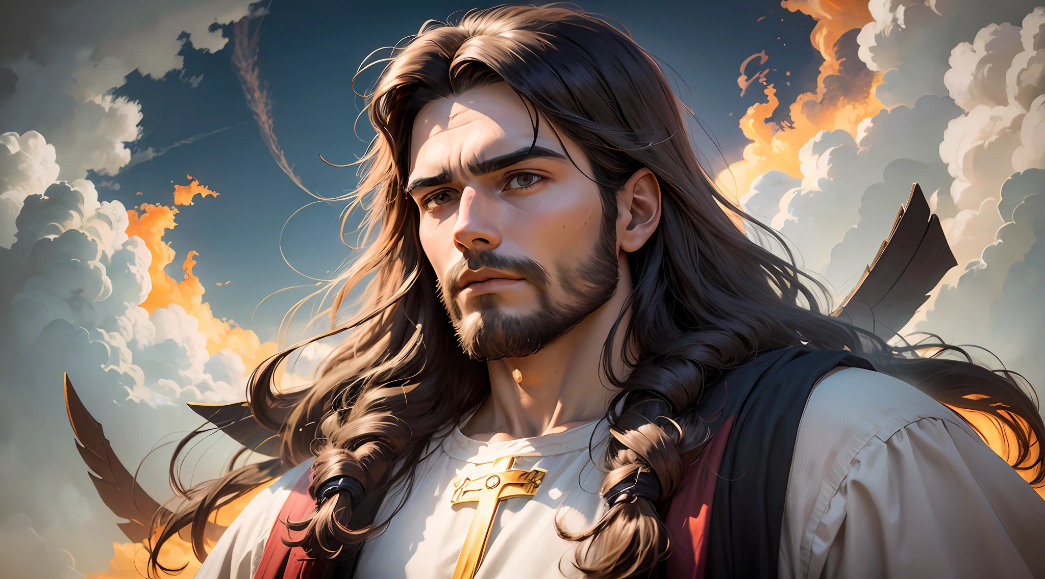 ((JESUS OF NAZARETH)), hovering over the clouds, whole body, jesus christ, jesus, god of heaven, dressed as Jesus Christ, Jesus Christ going super saiyan, the Lord and Savior, the God of heaven, Jesus gigachad, Portrait of Jesus Christ, coming out of the clouds, fan art --auto