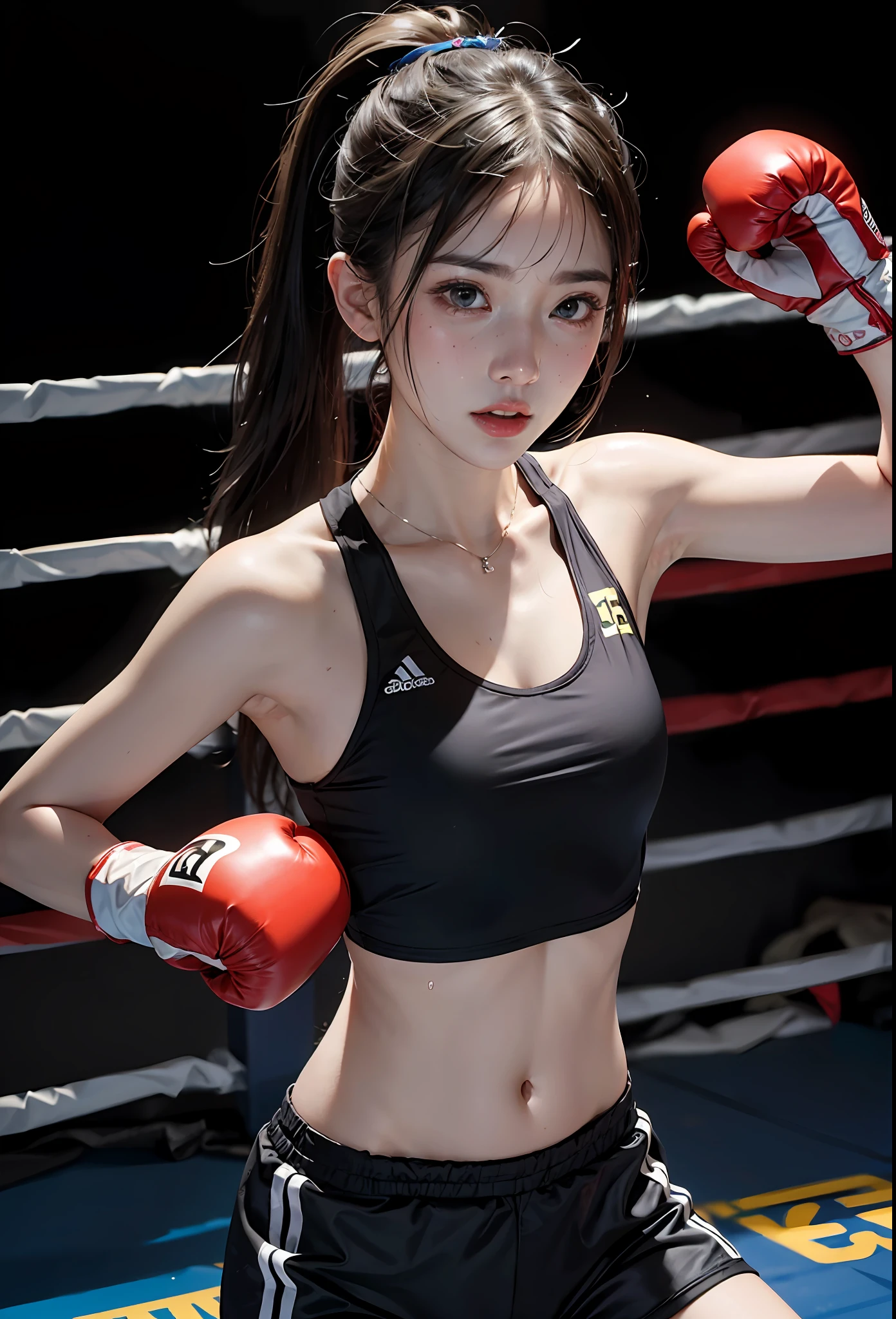 1girl, flowing long ponytail, wearing boxing gloves, sportswear, female boxer, looking at the camera, sweating, raised fists,