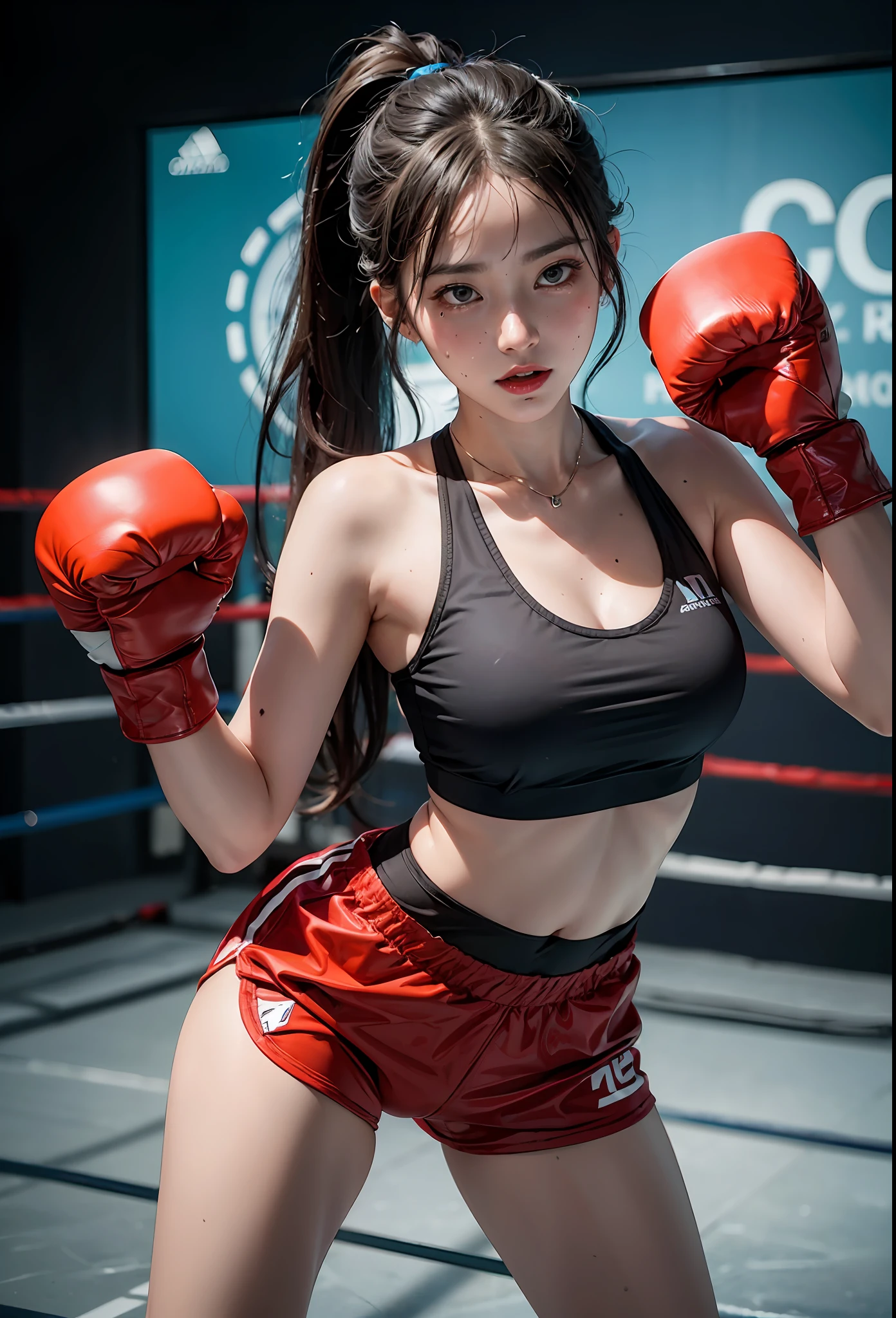 1girl, flowing long ponytail, wearing boxing gloves, sportswear, female boxer, looking at the camera, sweating, raised fists,
