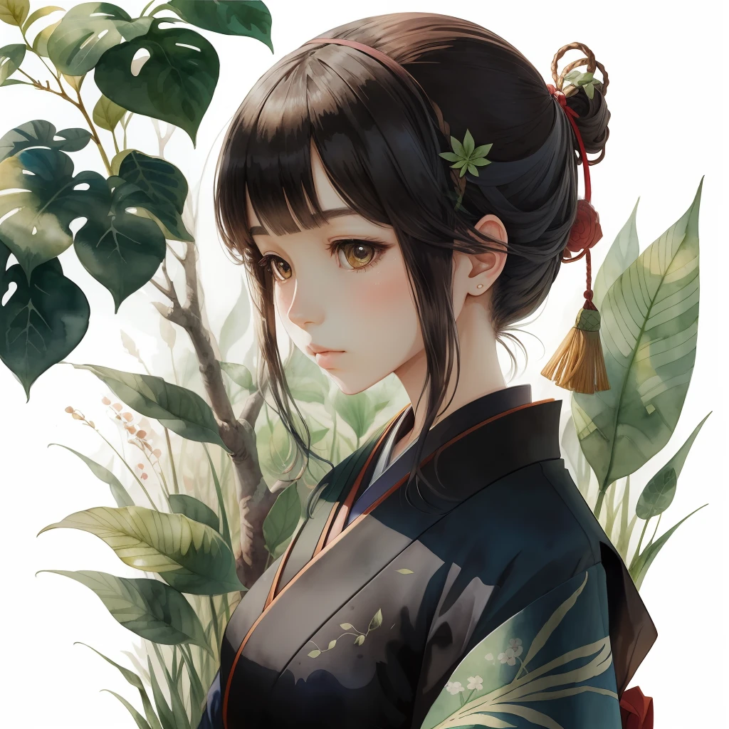 Masterpiece, Girl with grass motif, Genshin, Japan cartoon, watercolor, bust up, looking at this, standing, head hidden in leaves, background is a plant --auto