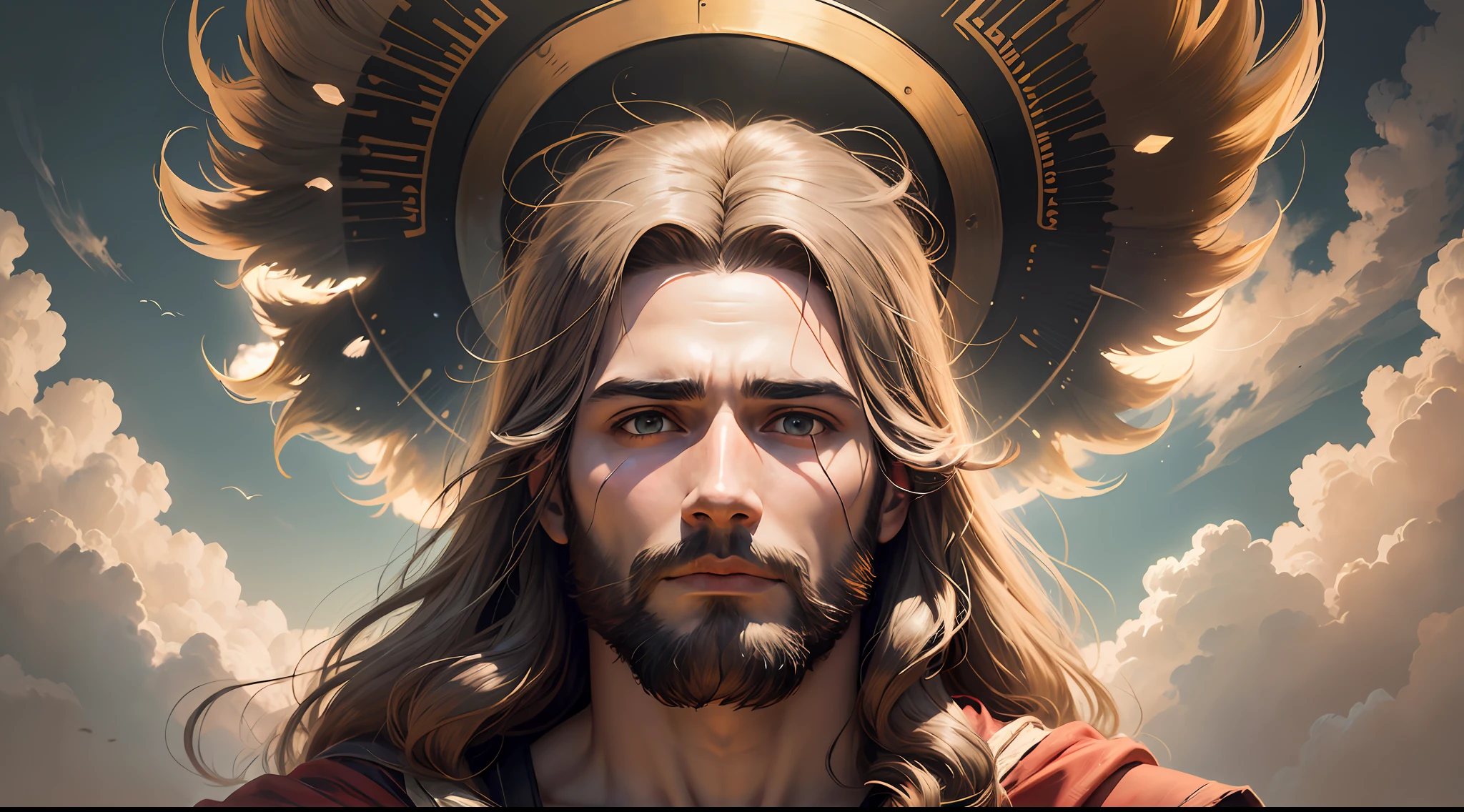 ((JESUS OF NAZARETH)), hovering over the clouds, whole body, jesus christ, jesus, god of heaven, dressed as Jesus Christ, Jesus Christ going super saiyan, the Lord and Savior, the God of heaven, Jesus gigachad, Portrait of Jesus Christ, coming out of the clouds, fan art --auto