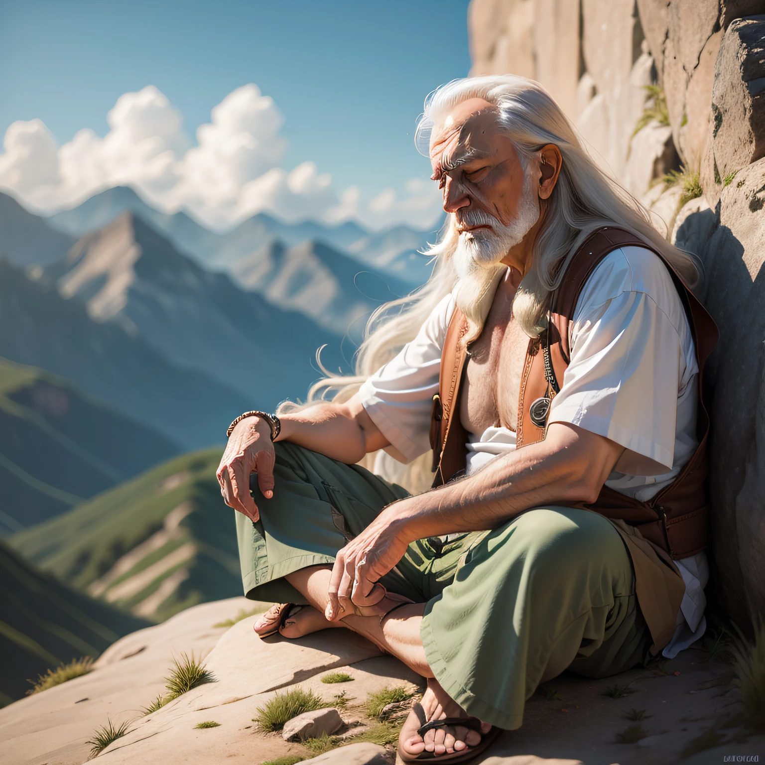 Old man, long hair meditating on top of a mountain