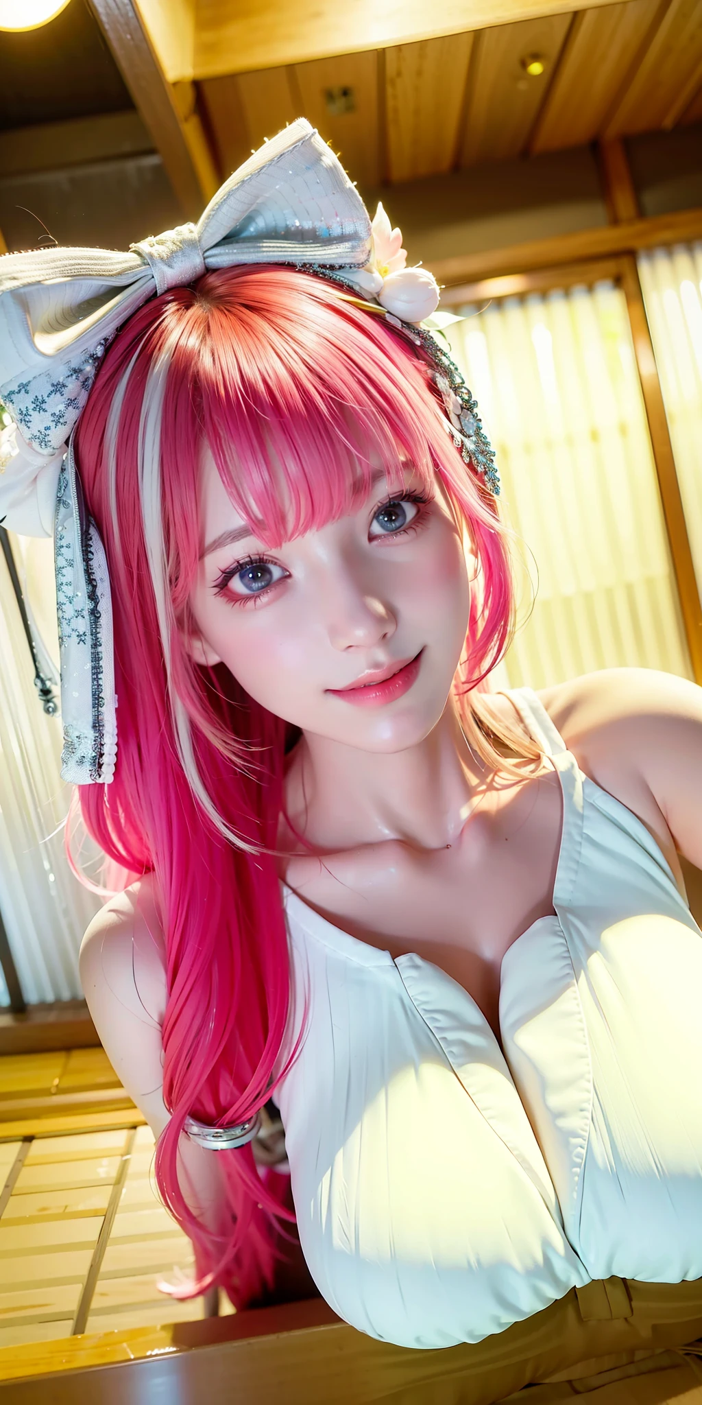 (8k, 4k, best quality, highres:1.2), (maasterpiece, realistic, photo realistic:1.37), 1girl, solo, beautiful face, eyelashes, nose, glossy lips, (detailed eyes, looking at viewer, fair skin, white skin:1.5), fine complexion, upper body,
large breasts, busty,,,
outdoor onsen,
two side up, absurdly long hair, blonde hair, pink hair, bangs, hair ornament, bow,
younger, aged down,