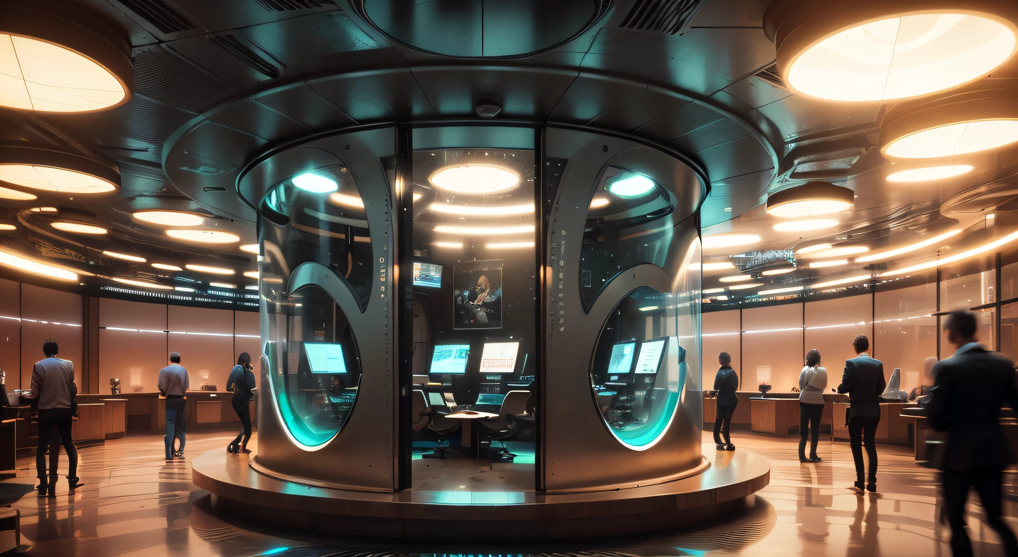 A sense of future technology, Round office, In the middle is a large jar of transparent glass, There are a lot of electronic screens, Cool lighting effects, White sheet metal wall, Futuristic sense of technology, light and shade contrast, cinemaitic lighting, modernistic, ultra-wide angle --auto