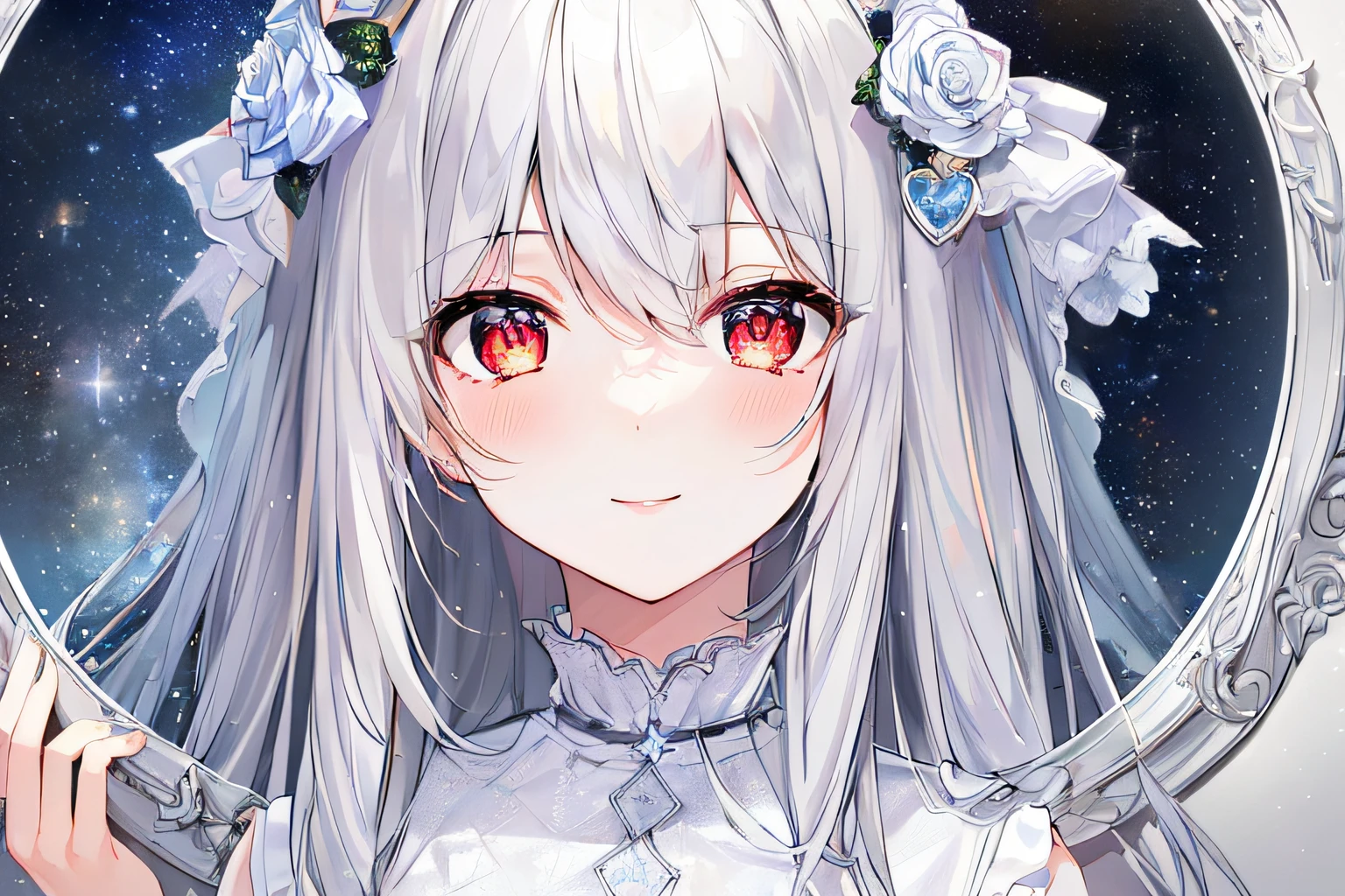 1girl, full body, denim photo, (Rembrandt), illustration, (masterpiece), (best quality), (ultra_detailed), finely detail, (Depth of field), , glove, long hair, star\ (symbol\), looking at viewer, (silver hair:1.2), red eyes, upper body, hair ornament, :p, frills, pink shirt, smile, sleeveless, shirt, idol, symbol-shaped pupils, hands up, brags smile, sleeveless, shirt, idol, symbol-shaped pupil, bangs, side up, star-shaped pupils, arms up, skirt pulling, roaring twenties, isometric, From above, the sky, the flowers, the cliffs,