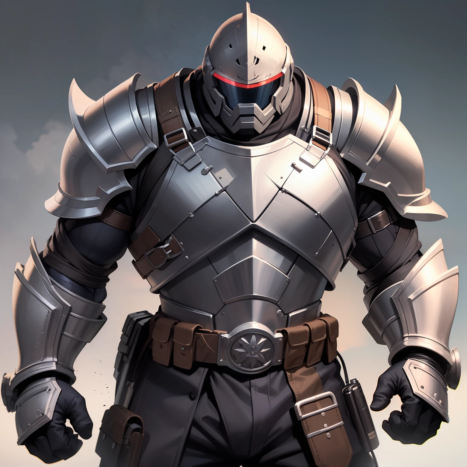 Concept art of a very strong man in a full armor suit and helmet, heavy armor, portable canon on his left shoulder, big gauntlet, big metal gloves for punching, tactical kevlar gear, black outfit, realistic