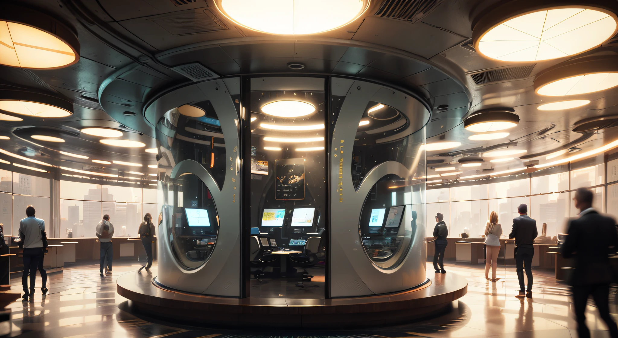 A sense of future technology, Round office, In the middle is a large jar of transparent glass, There are a lot of electronic screens, Cool lighting effects, White sheet metal wall, Futuristic sense of technology, light and shade contrast, cinemaitic lighting, modernistic, ultra-wide angle --auto