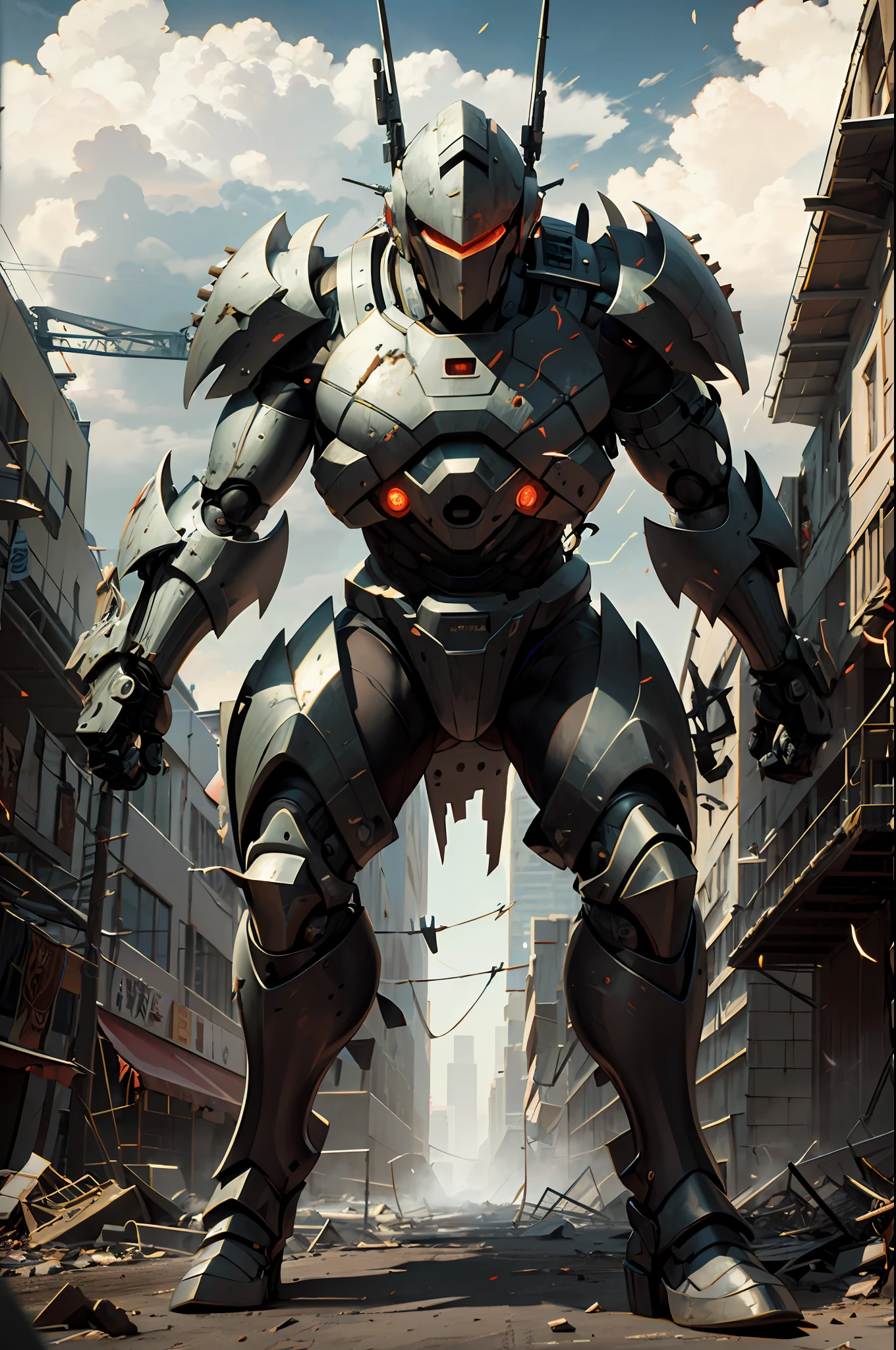 a futuristic hardcore mechanical warrior, battle scene, huge city ruins, smoke, dust, wreckage, skyscraper collapse, black clouds, lightning, solid armor, metal plates, mechanical parts, cold light, red eyes, superhuman strength, speed, giant weapon, explosion, destruction, agility, precision pace, hand-to-hand combat, metal collision sound, smooth action, gorgeous, clash, tension, sense of power, sense of speed, destructive power, aesthetics,, best quality, masterpiece, super high resolution, intricate details, 8K resolution, Photorealistic, Realistic 1.4, HDR, (High Light Glow: 1.2)