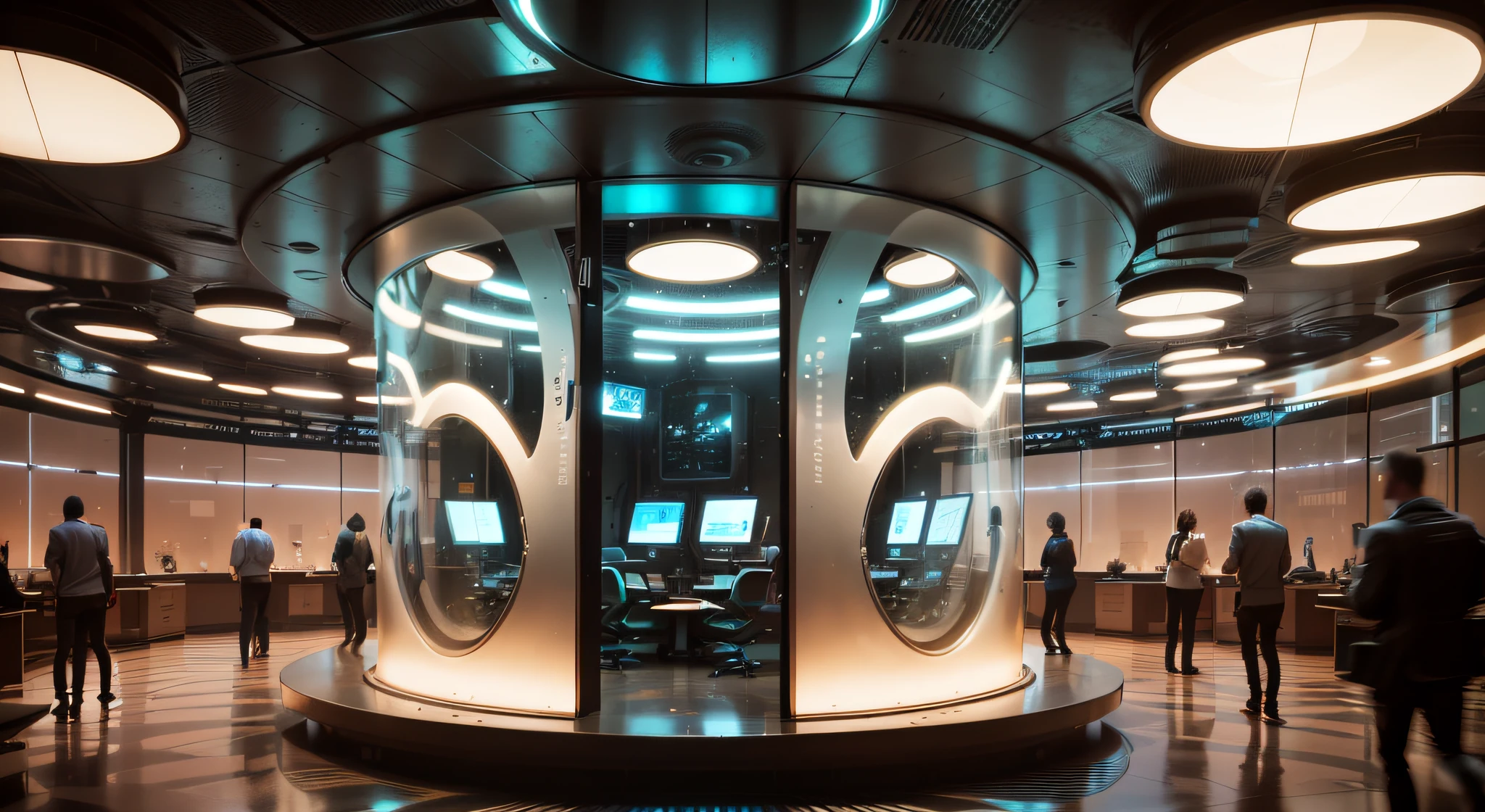 A sense of future technology, Round office, In the middle is a large jar of transparent glass, There are a lot of electronic screens, Cool lighting effects, White sheet metal wall, Futuristic sense of technology, light and shade contrast, cinemaitic lighting, modernistic, ultra-wide angle --auto