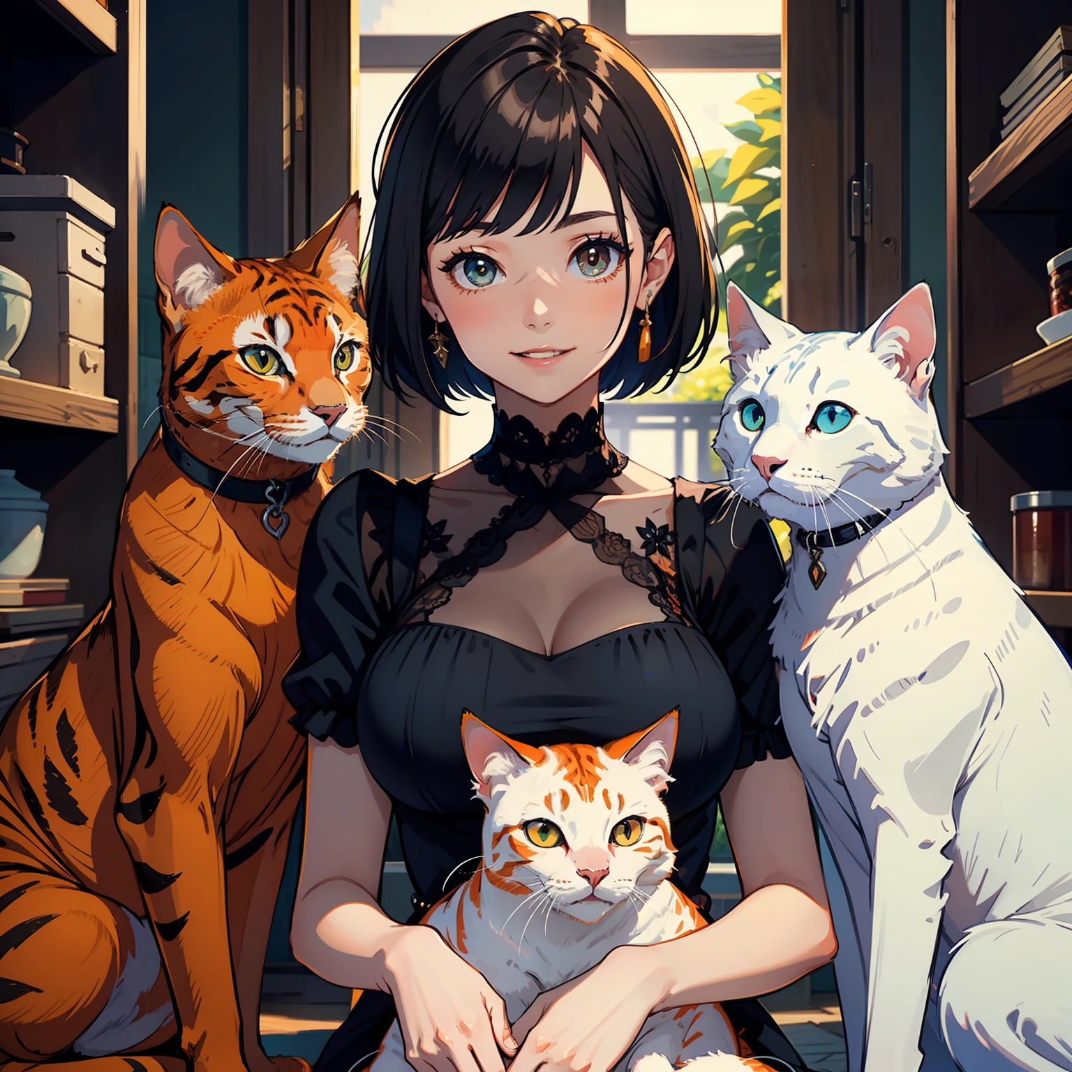 Highest quality, masterpiece, Ultra HD: 1.2, 1 beautiful young woman in dress, short hair, big breasts, happy smile, surrounded by 3 cats, one orange cat, two white cats