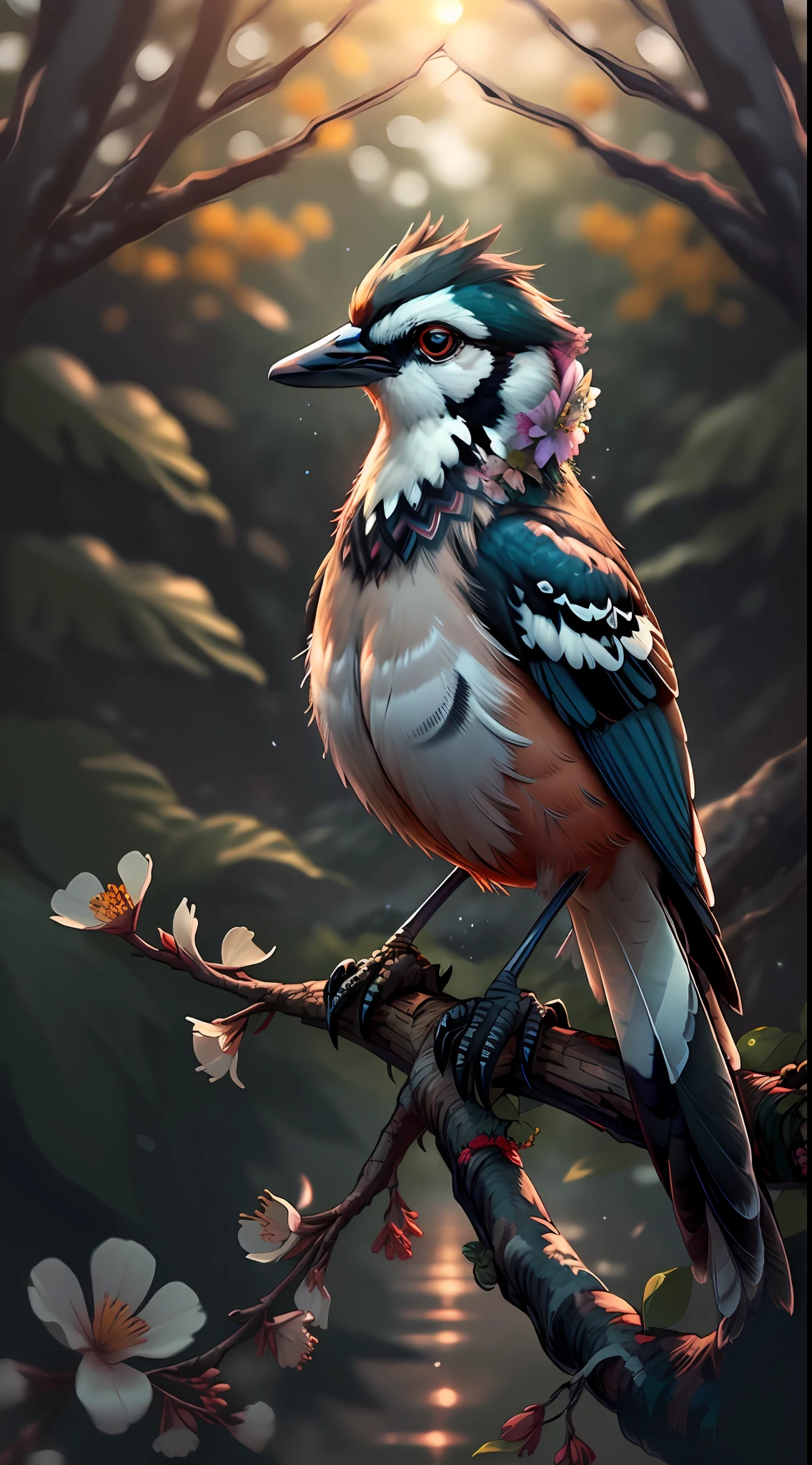 Magpie, a type of bird, magpie with branches in the forest, vista, bokeh flowers in the background, sunrise, vista, 8k, beautiful, colorful, masterpiece, top quality, best quality, official art, beautiful and beautiful,