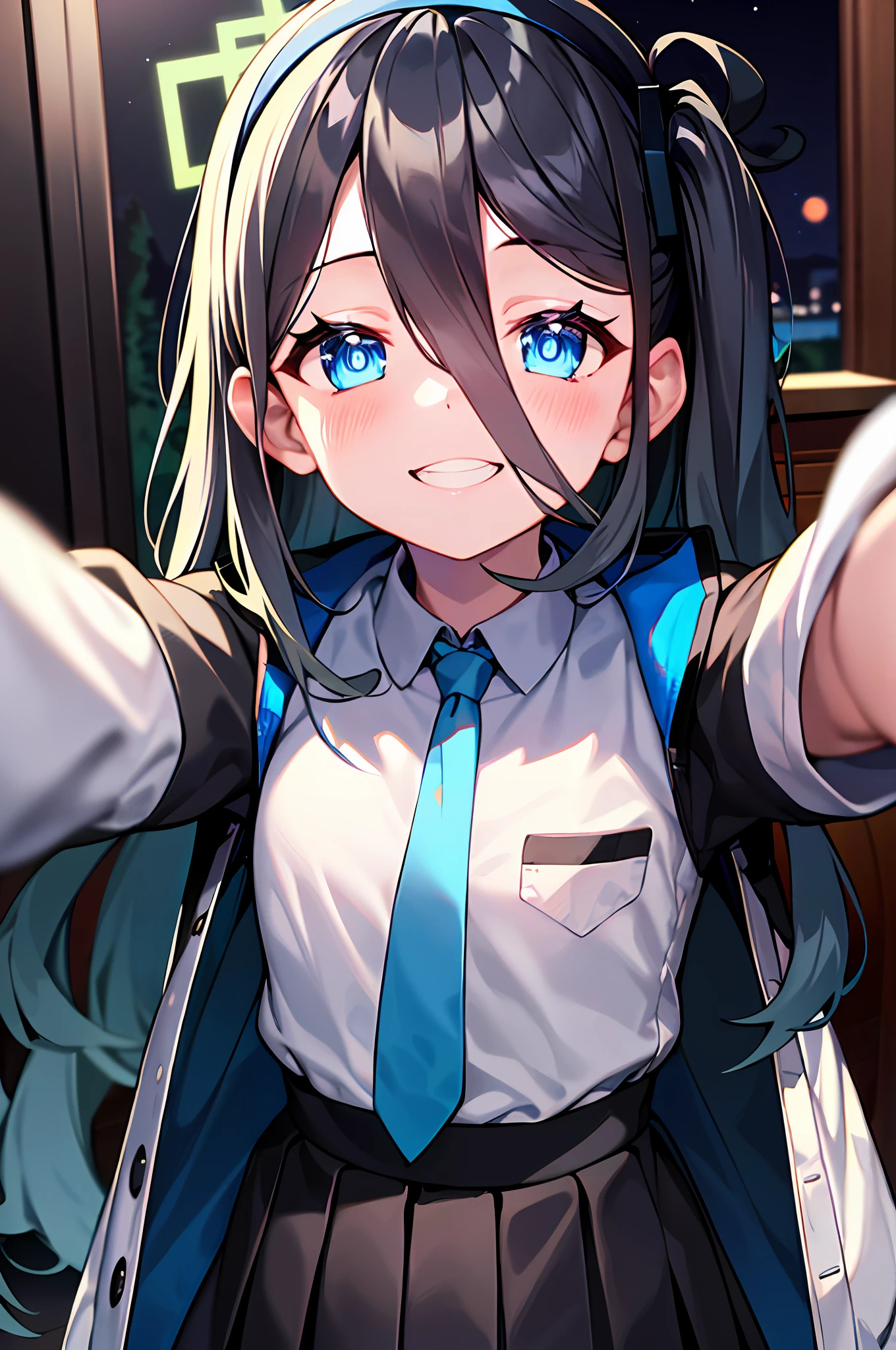 pureerosface_v1:0.66), best quality, ultra high definition, (photorealistic: 1.4), one girl, fine eyes, dark-eyed makeup, slim waist, blush, K-pop idol, (charm: 1.0), fine-eyed makeup, puffy eyes, solo, perfect anatomy, (big), (slender), (black hair: 1), (watch viewers). (original_alice), (light blue tie), (marine blue eyes), (zhuo),(alice_halo:0.7),(blue halo),(smile),(happy),(pigtails),(long hair),(long bangs),(blue archive),(black hair band),(long coat),(school uniform),(white long-sleeved shirt),(pleated skirt),(navy blue skirt), Depth of field, facial details, skin luster, beautiful eyes, dark eye makeup, slim waist, blush, fine eye makeup, solo, perfect anatomy. (((Arms outstretched))). (((gentle smile))).Night.room. (((Proud))). (((Look straight ahead))).