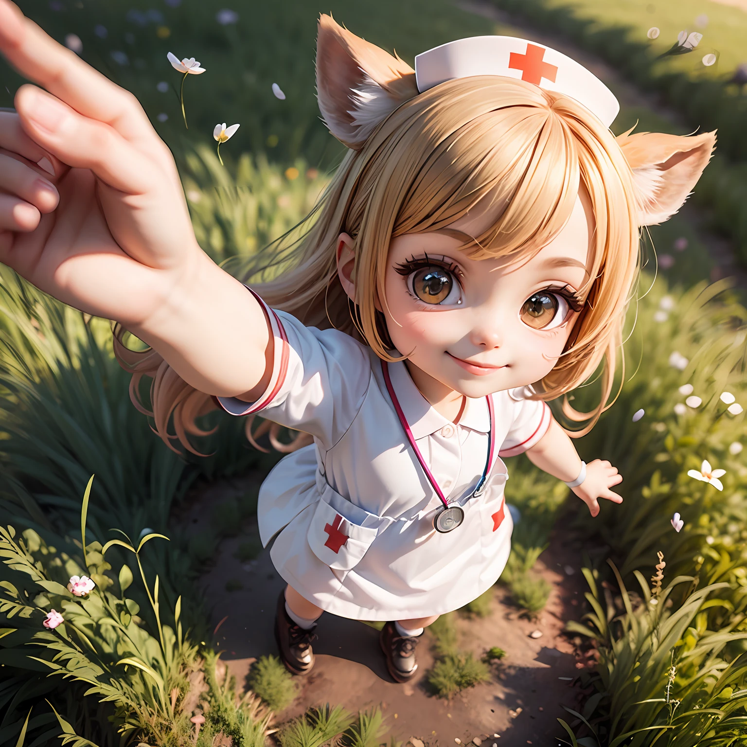 Chibi character, deer girl wearing nurse clothes, smile, shot from above, grass, supremely precise