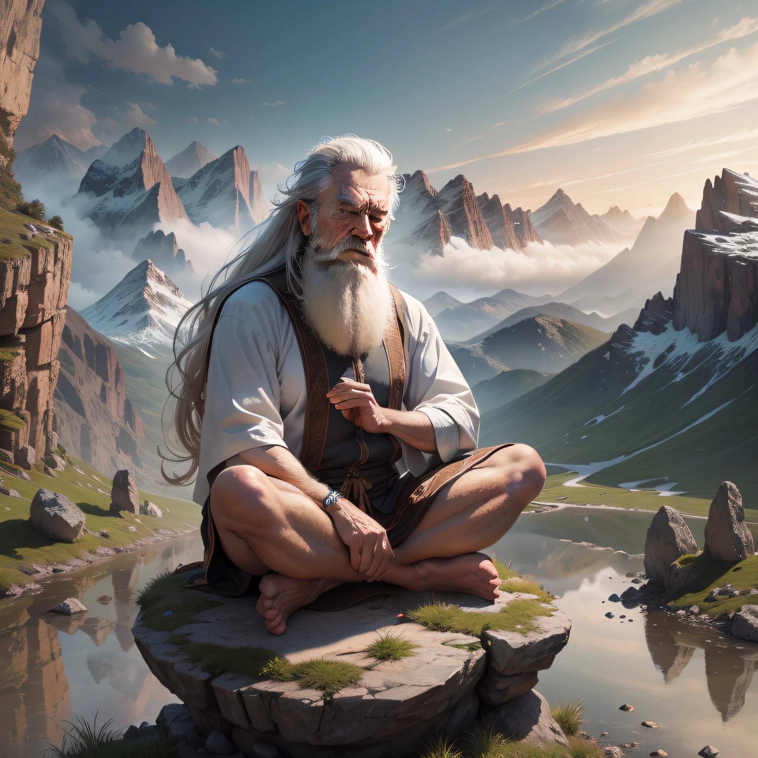 Old man, bearded, long hair meditating on top of a mountain, highly detailed image, visible mountain, 4k, ultra realistic, reflections