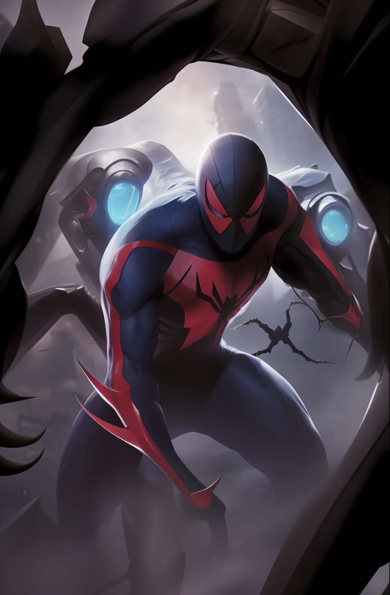 Man in light blue clothing and red details on his arms, mask and on the spider of the pectoral, with claws and two thorns on each arm, in a position of menacing struggle in a futuristic and technological city with lighting;