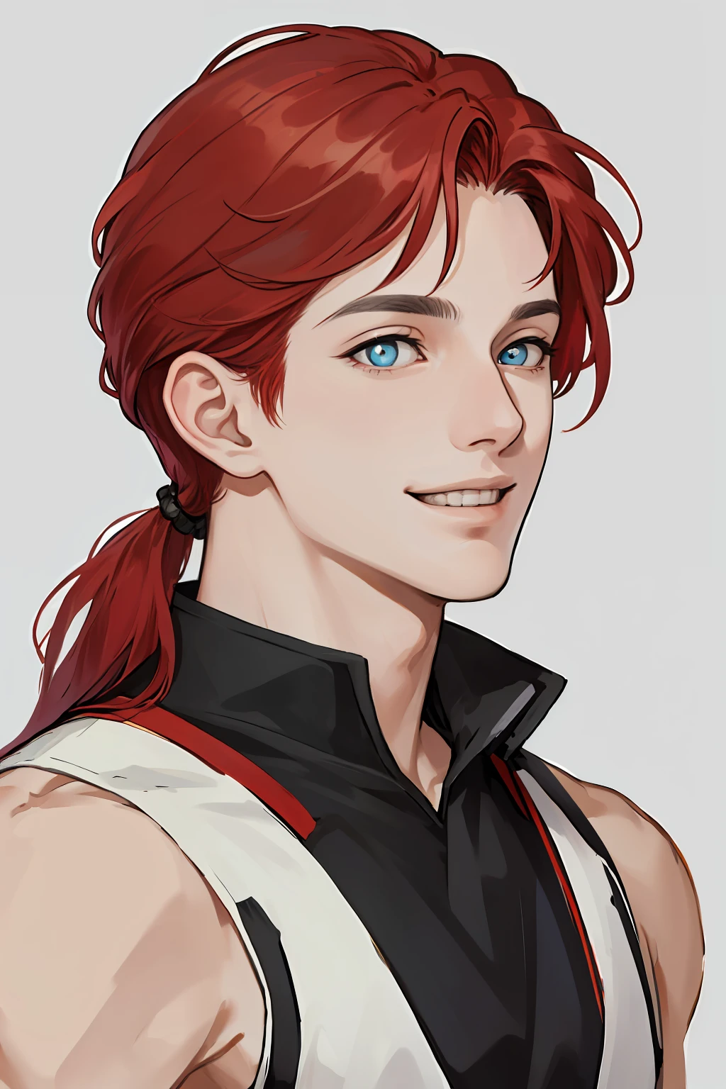 Masterpiece, best quality, realistic, very detailed face, cold beauty, smile, red hair, blue pupils, short shoulder-length hair, male focus, portrait, tall muscles, (gray background), 1man