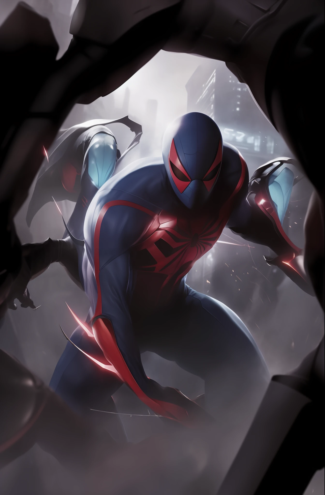 Man in light blue clothing and red details on his arms, mask and on the spider of the pectoral, with claws and two thorns on each arm, in a position of menacing struggle in a futuristic and technological city with lighting;