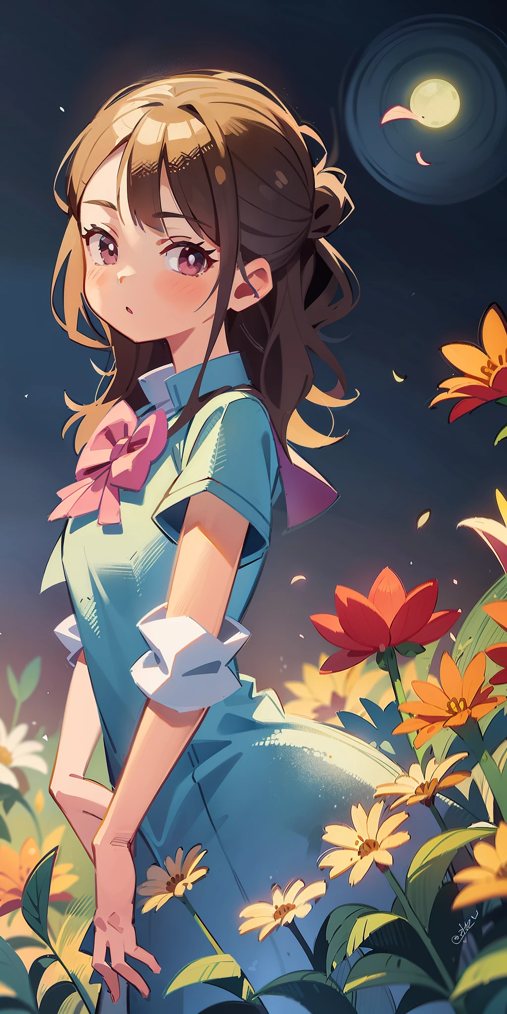 anime girl in a blue dress standing in a field of flowers, digital anime illustration, detailed digital anime art, beautiful digital illustration, artwork in the style of guweiz, anime art wallpaper 8 k, anime art wallpaper 4k, anime art wallpaper 4 k, stunning digital illustration, digital anime art, artgerm and atey ghailan, beautiful digital artwork