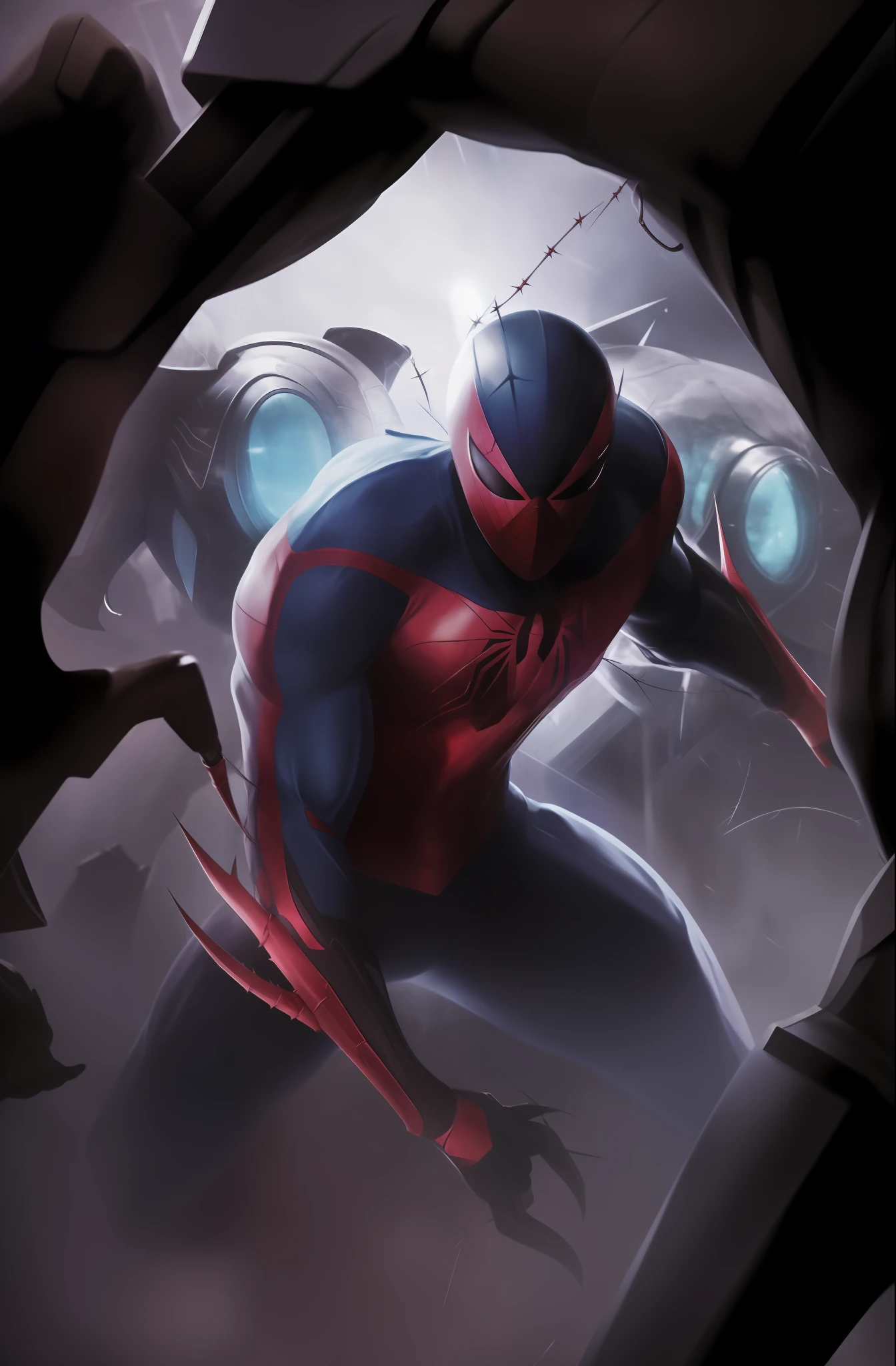 Man in light blue clothing and red details on his arms, mask and on the spider of the pectoral, with claws and two thorns on each arm, in a position of menacing struggle in a futuristic and technological city with lighting;