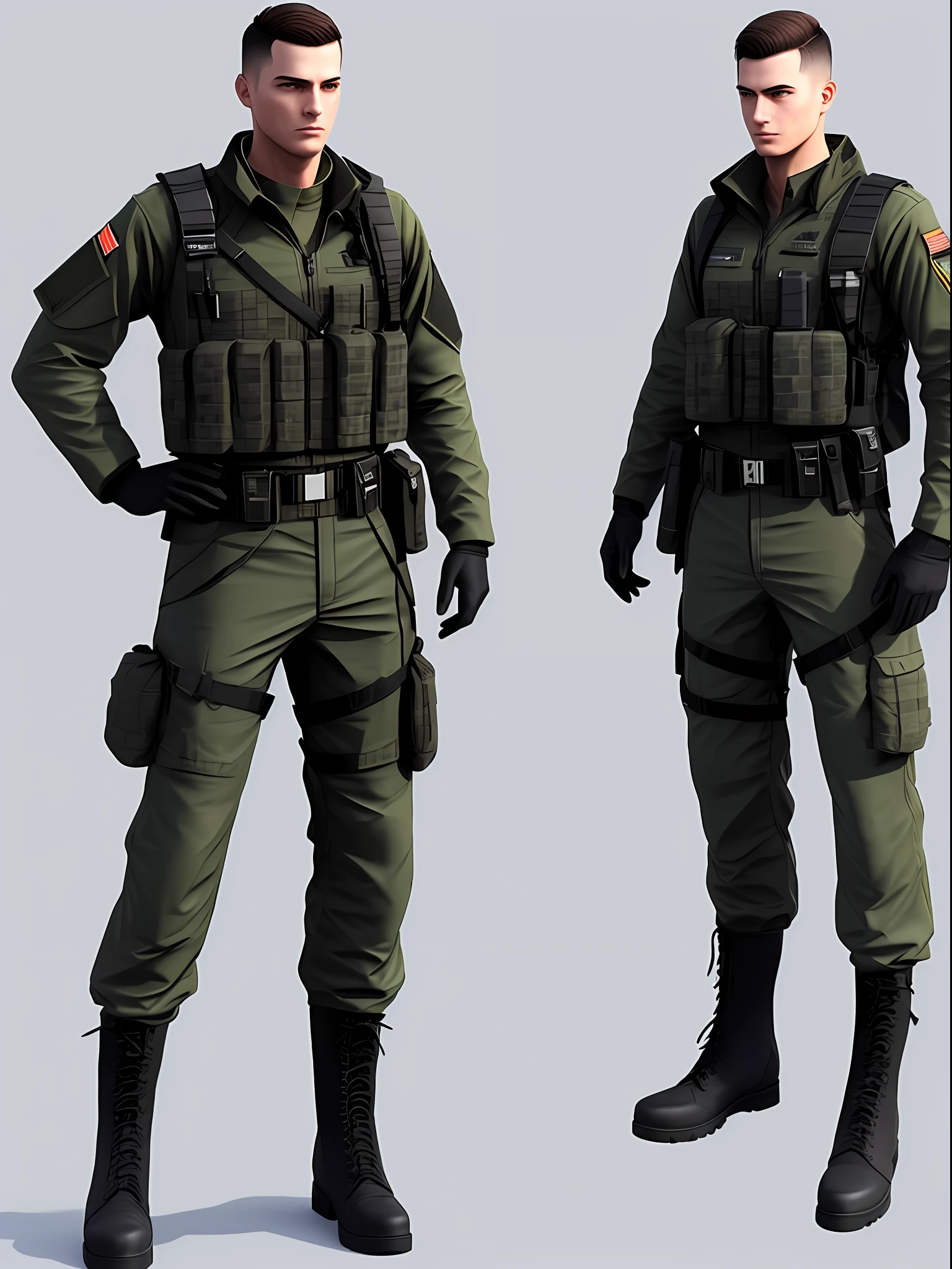 Concept art of a soldier wearing a black military suit, concept art, full body, realistic, ultra realistic, white background, 3D