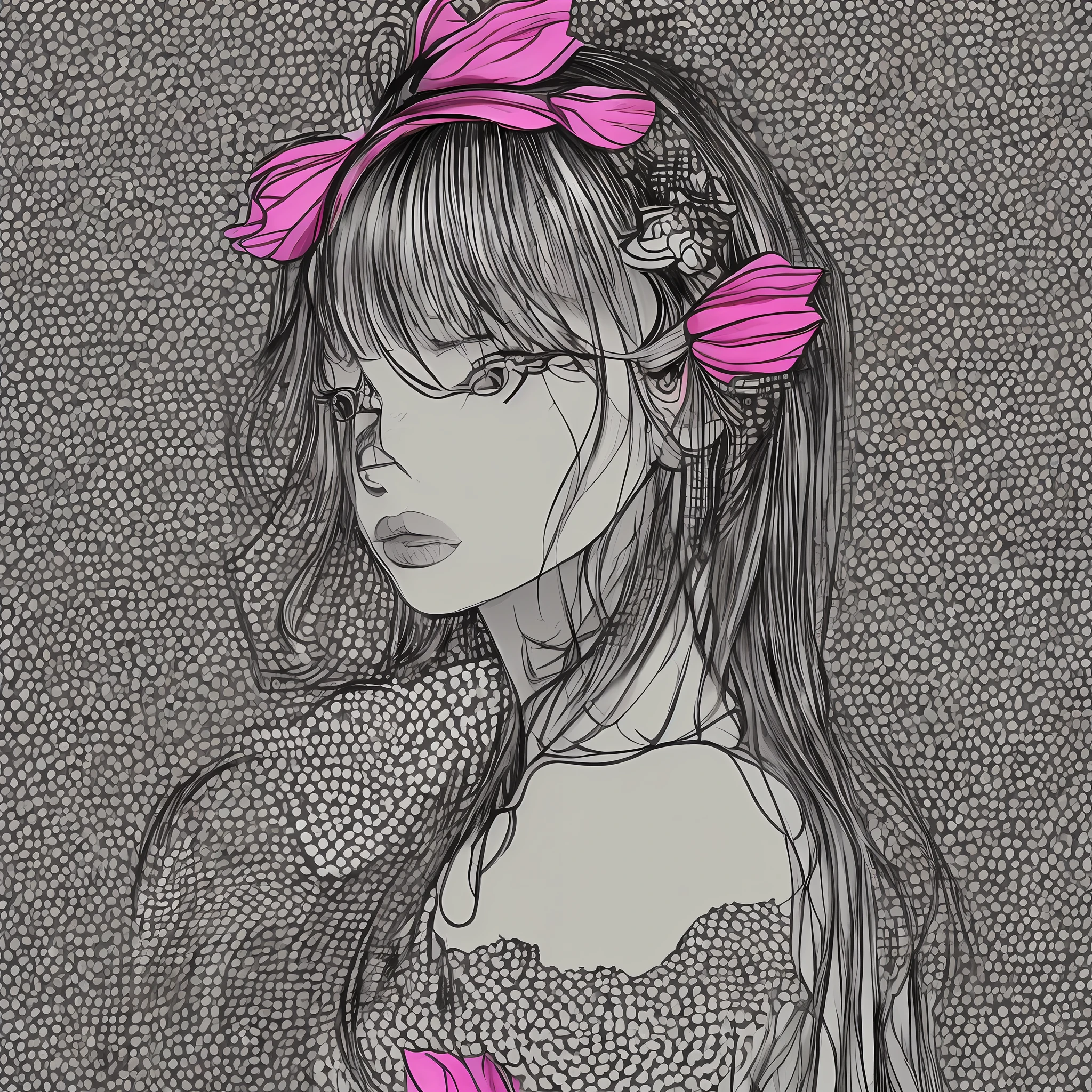 masterpiece, excellent quality, ultra detail, illustration, black and white monotone color, portrait, one girl, eye eyes, long hair, curly hair, bangs, hand bouquet, pink tulips, camera viewing side, snow white background, gradient background, suspenders, bare shoulders, modern dress --auto --v6 --s2