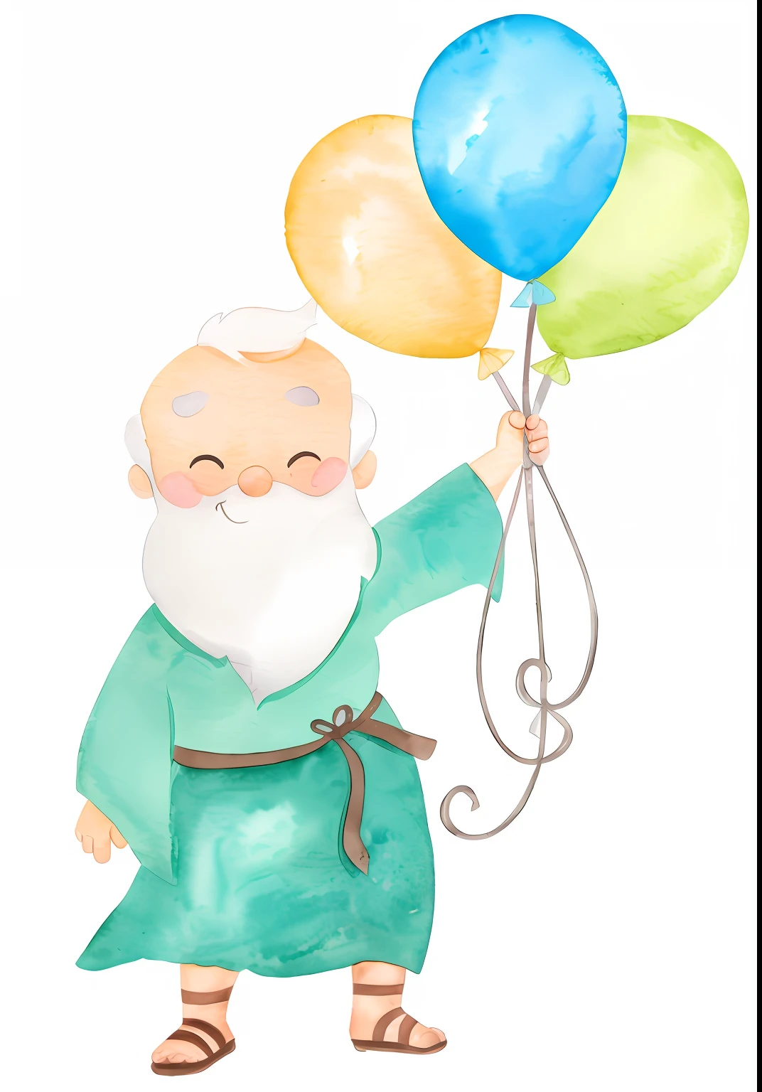a cartoon of a man holding a bunch of balloons, man holding a balloon, holding a balloon, balloon, wise old man, baloons, old man, happy and spirited expression, he is happy, watercolor illustration style, balloons, very very happy!, happy!!!, 70 years old, 7 0 years old, party balloons, ueshiba riichi --auto