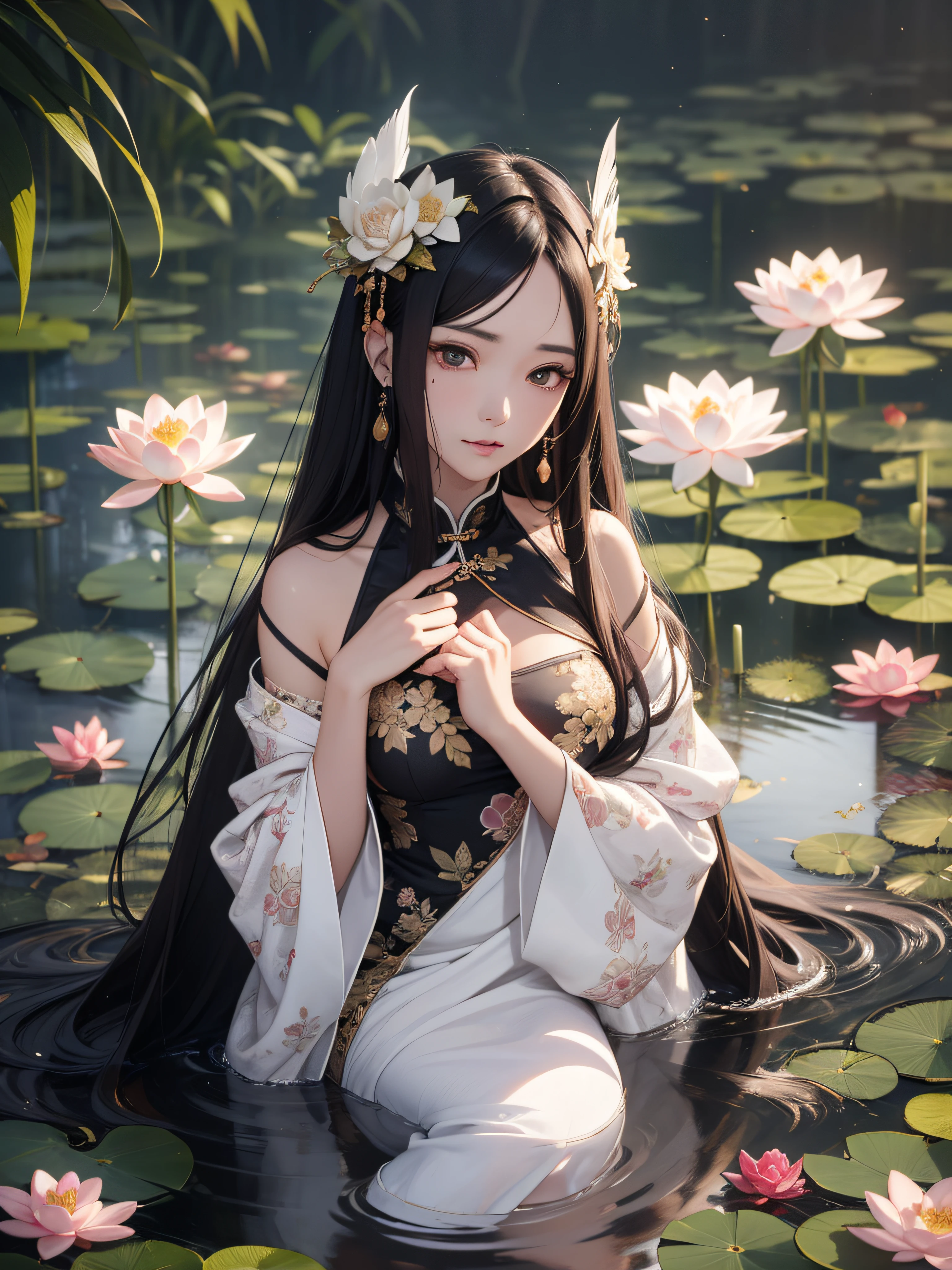 Masterpiece, realistic, beautiful payback maiden wearing a thin beautiful feather robe with ultra-long hair with Chinese style black hair in a lotus pond shining in the moonlight, looking down at the viewer with dim eyes, large hair ornament in the shape of a Chinese lotus, divinity wearing a halo, in the evening fog, 18 years old, depressed eyes, photorealistic, ideal hair luster, whole body, mole on the mouth
