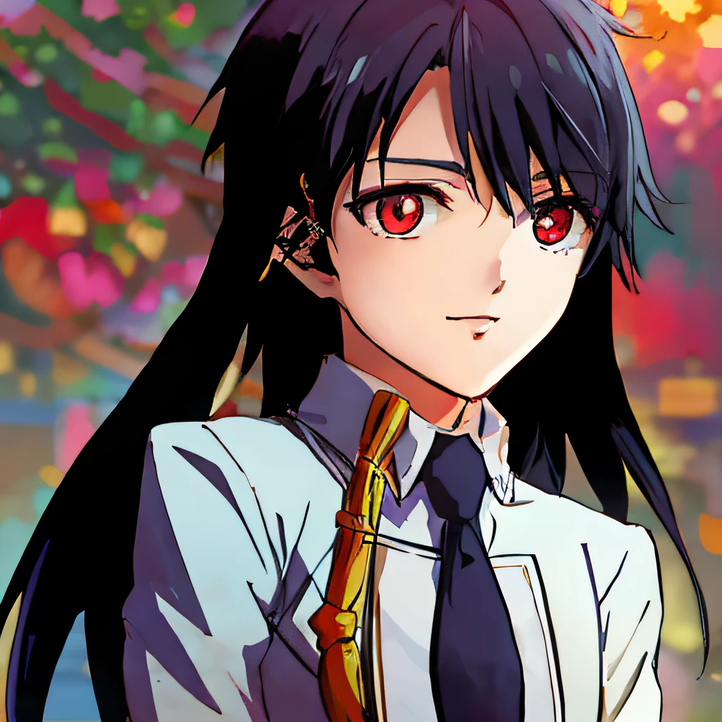 A black-haired, red-eyed girl wearing a tie in the anime moe art style, reading at home