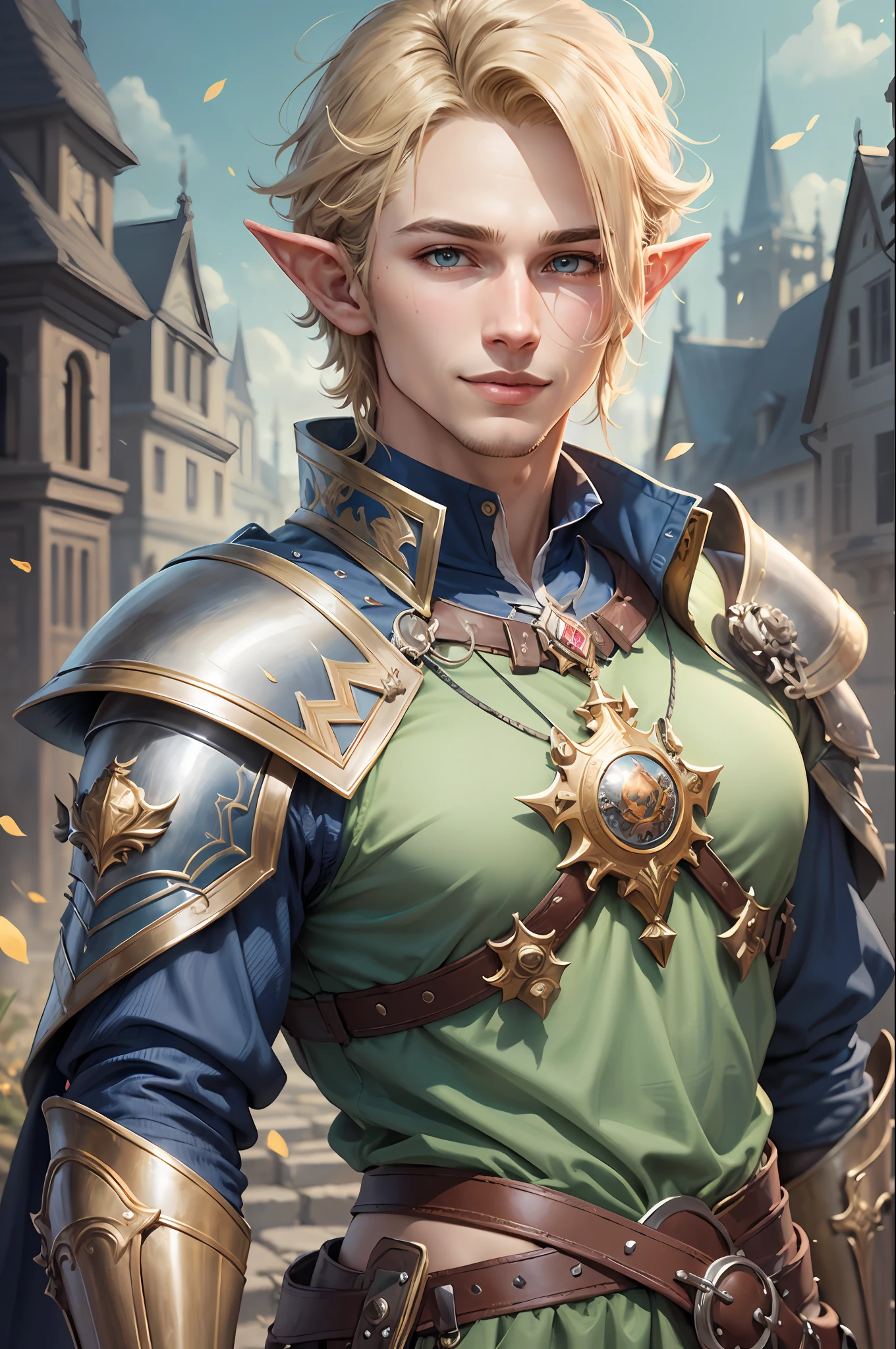 a close up of a man with a sword and armor, portrait of magical blond prince, skinny male fantasy alchemist, beautiful androgynous prince, delicate androgynous prince, fantasy male portrait, highly detailed exquisite fanart, beautiful male elf, extremely detailed artgerm, fantasy art smug smile man, fantasy art style, tall anime guy with blue eyes