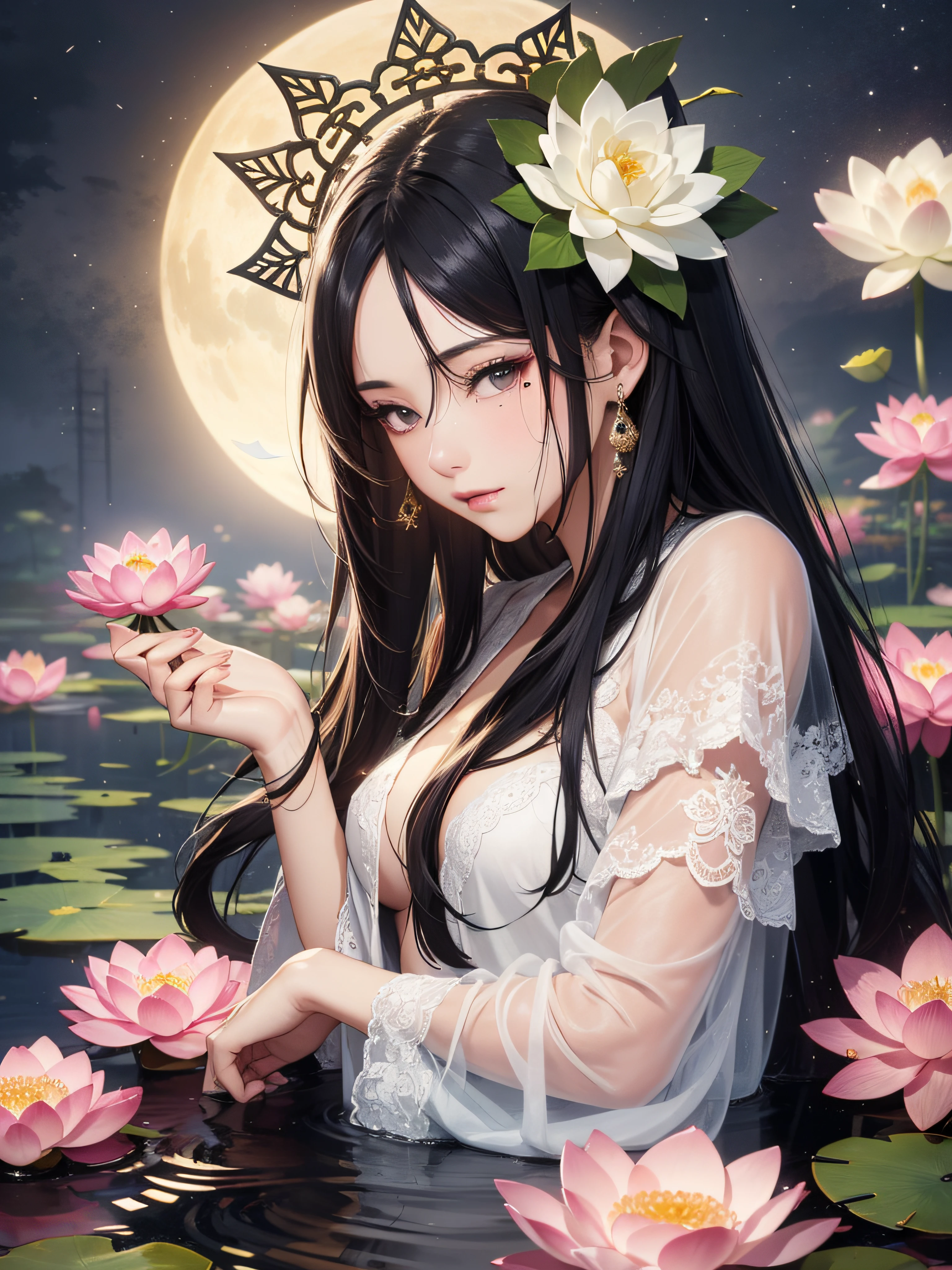 Masterpiece, realistic, beautiful payback maiden wearing a thin beautiful feather robe with ultra-long hair with Chinese style black hair in a lotus pond shining in the moonlight, looking down at the viewer with dim eyes, large hair ornament in the shape of a Chinese lotus, divinity wearing a halo, in the evening fog, 18 years old, depressed eyes, photorealistic, ideal hair luster, whole body, mole on the mouth