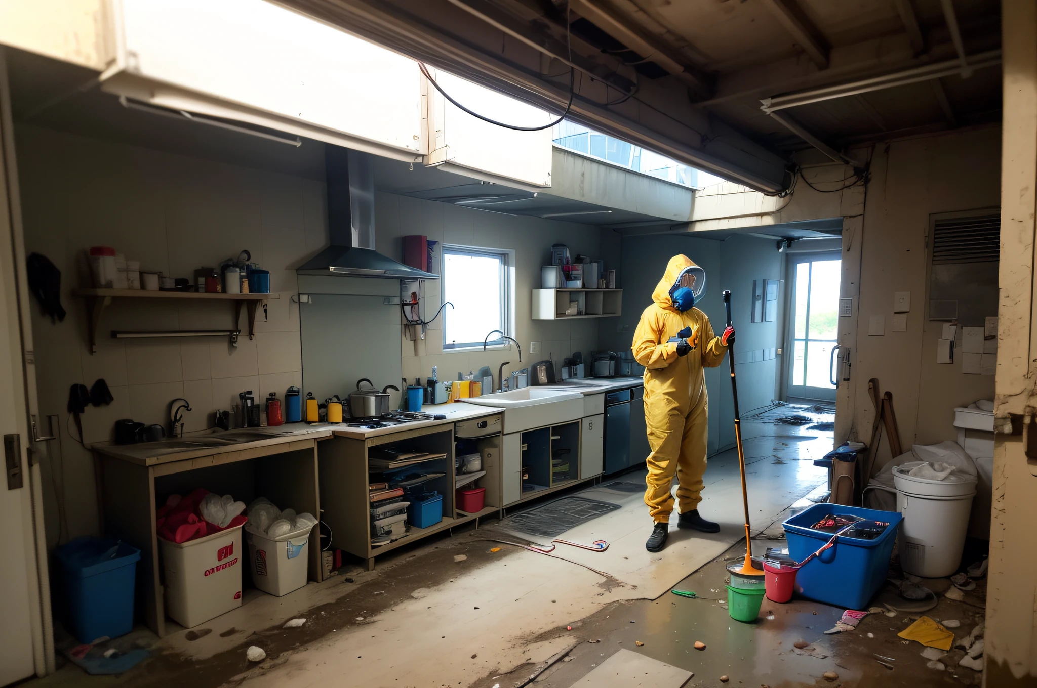 ((photo)), ((best quality)), ((masterpiece)), ((detailed)), an apocalyptic decontamination hazard zone with people in hazmat suits cleaning the area with cleaning machines and equipment.