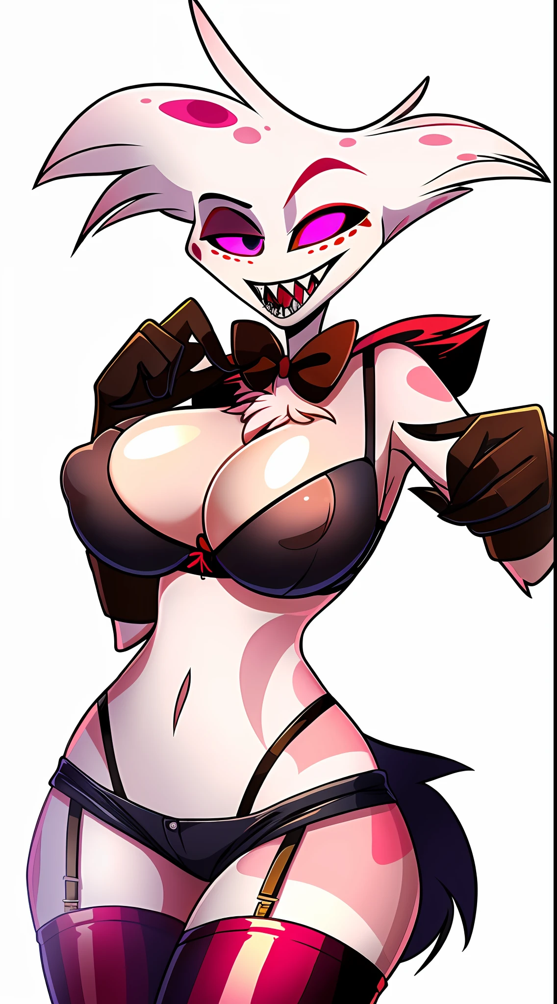 Anthro, nsfw ((wearing bra)), wearing gloves, wearing thigh high boots, white fur, hi res, high resolution, (((angel dust hazbin hotel))), solo, female, (black shorts), cleavage, detailed face, sharp teeth, sexy pose, e621, shocked, blushing, detailed hands, detailed fur, detailed eyes, white background, big breasts, (nipple outline), ((full body)), character reference