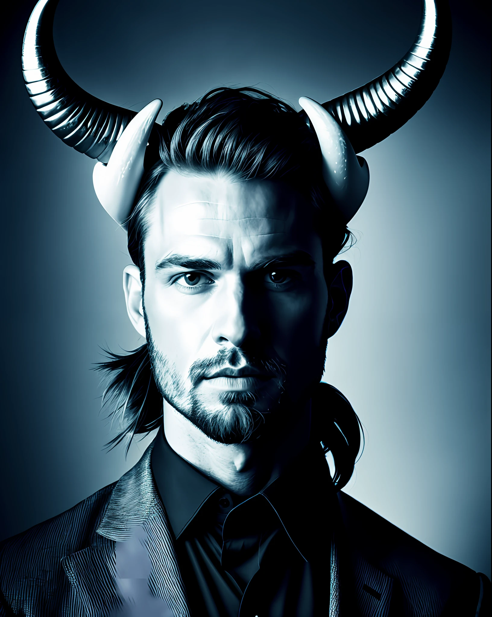 Chad Giga with 2 horns, black and white image