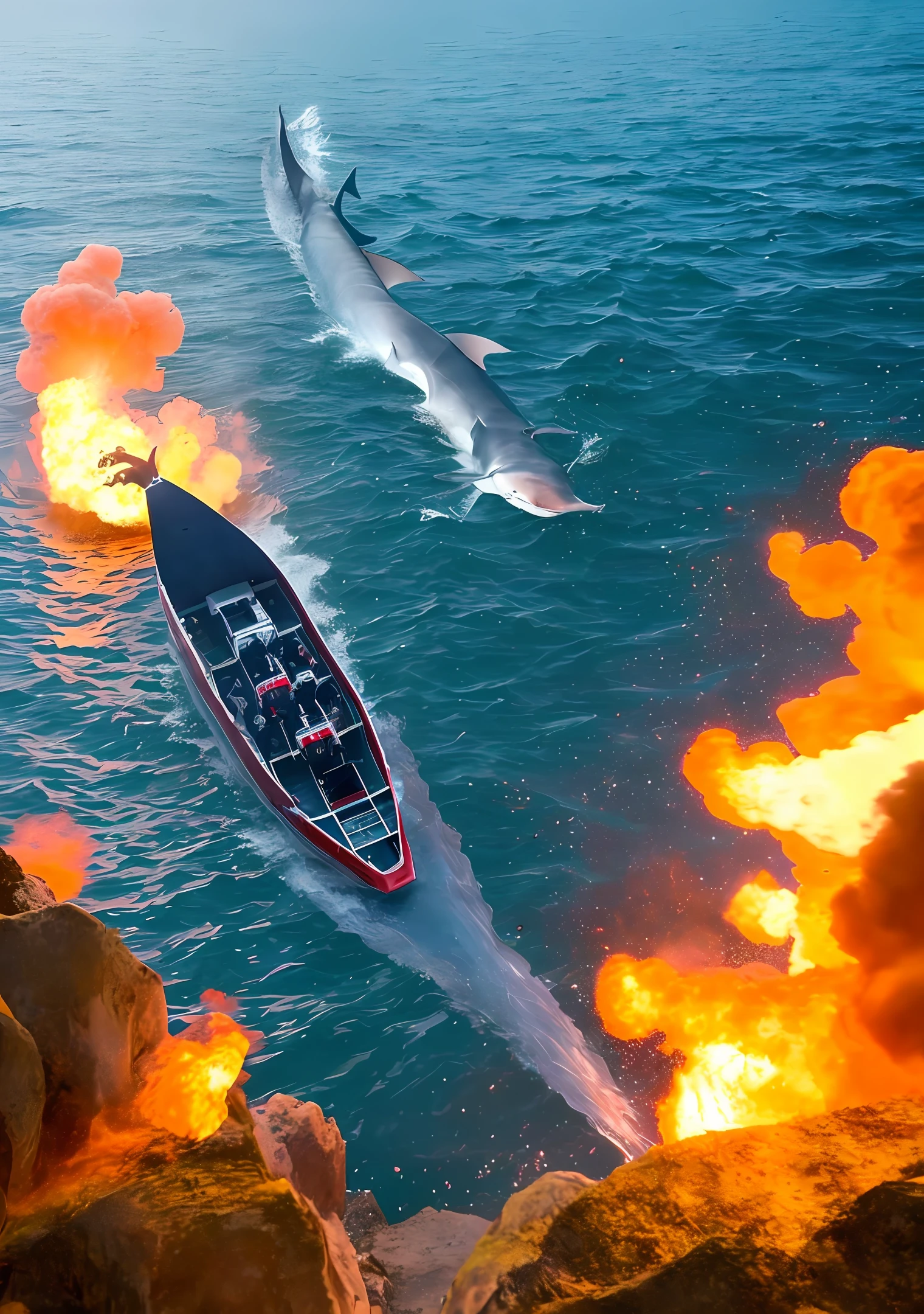 A fire truck extinguishes a burning shark in the sea