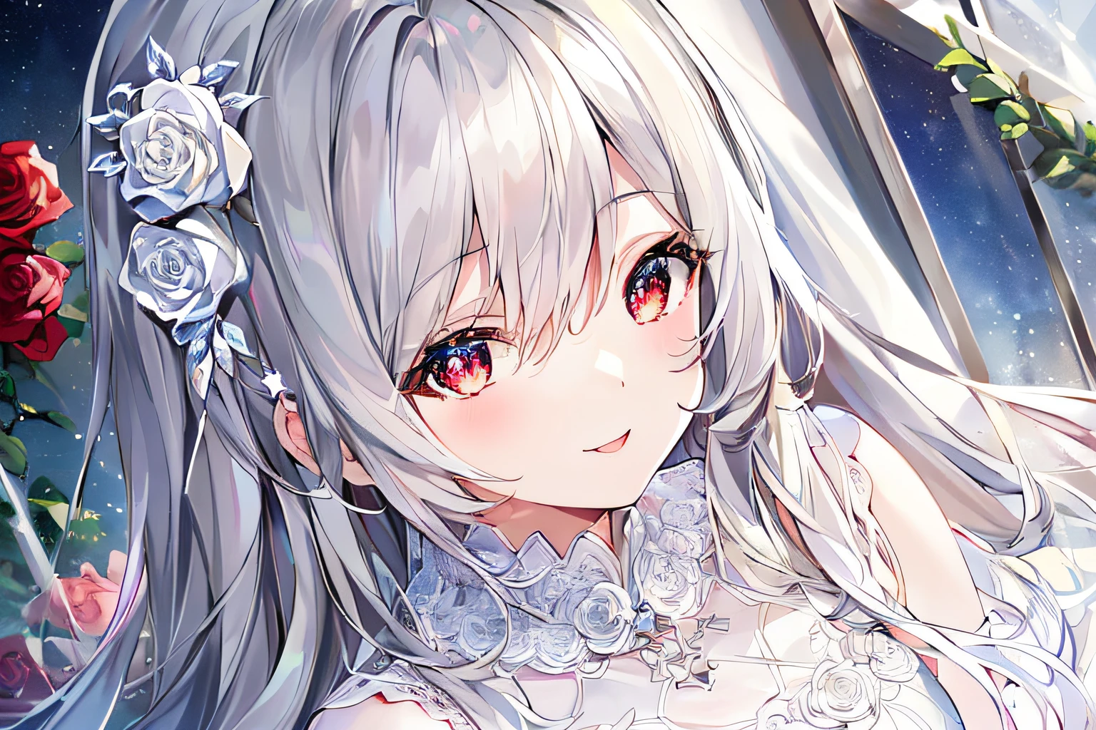 1girl, full body, denim photo, (Rembrandt), illustration, (masterpiece), (best quality), (ultra_detailed), finely detail, (Depth of field), , glove, long hair, star\ (symbol\), looking at viewer, (silver hair:1.2), red eyes, upper body, hair ornament, :p, frills, pink shirt, smile, sleeveless, shirt, idol, symbol-shaped pupils, hands up, brags smile, sleeveless, shirt, idol, symbol-shaped pupil, bangs, side up, star-shaped pupils, arms up, skirt pulling, roaring twenties, isometric, From above, the sky, the flowers, the cliffs,