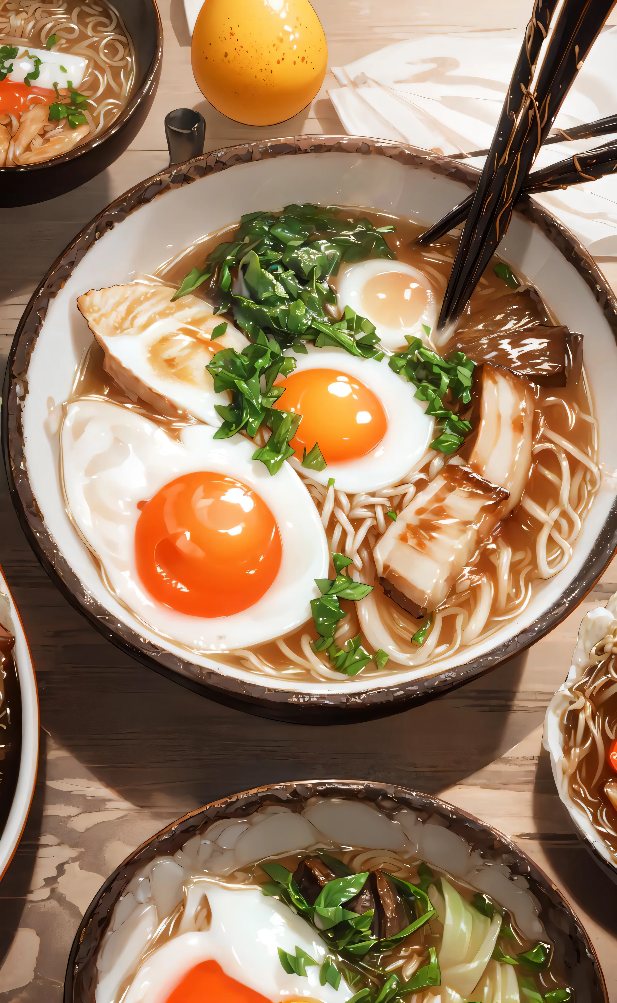 ultra detailed 8k cg, japanese ramen, chopsticks, egg, steam