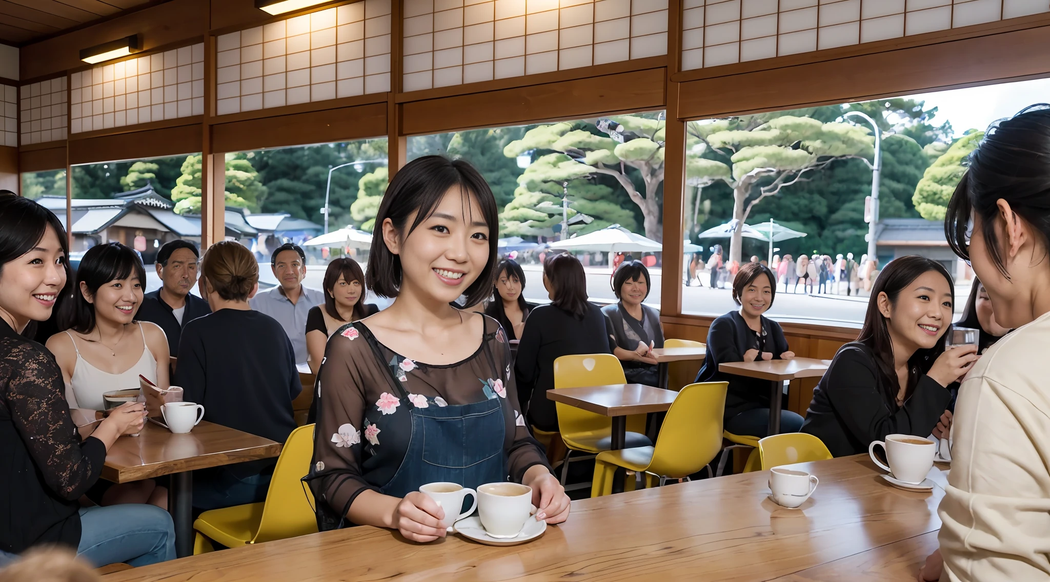 8k uhd, RAW photo, Japan woman having fun in café, smiling, multiple people, men and women, photoreal, RAW photo, portrait photography, japanese, many men, room bright, Japan people, cinematic, daytime, large crowd, ( (8k: 1.27), best quality, masterpiece, super high resolution: 1.2)