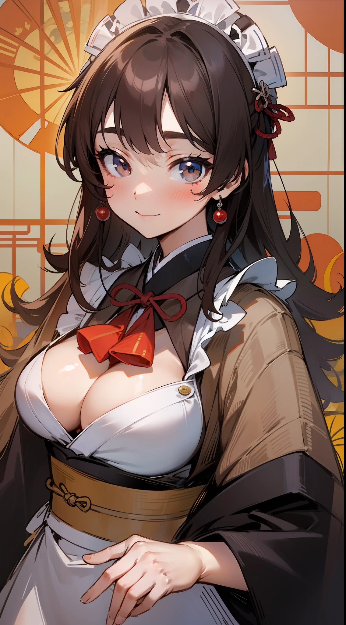 High quality, 8k, brown hair, petite, beautiful daughter, rugged expression, long hair, large breasts, Japanese maid, Taisho romantic, radiant smile, Photograph the whole body,