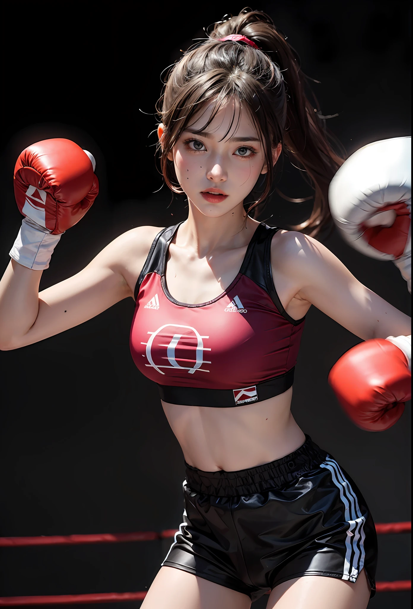 1girl, flowing long ponytail, wearing boxing gloves, sportswear, female boxer, looking at the camera, sweating, raised fists,