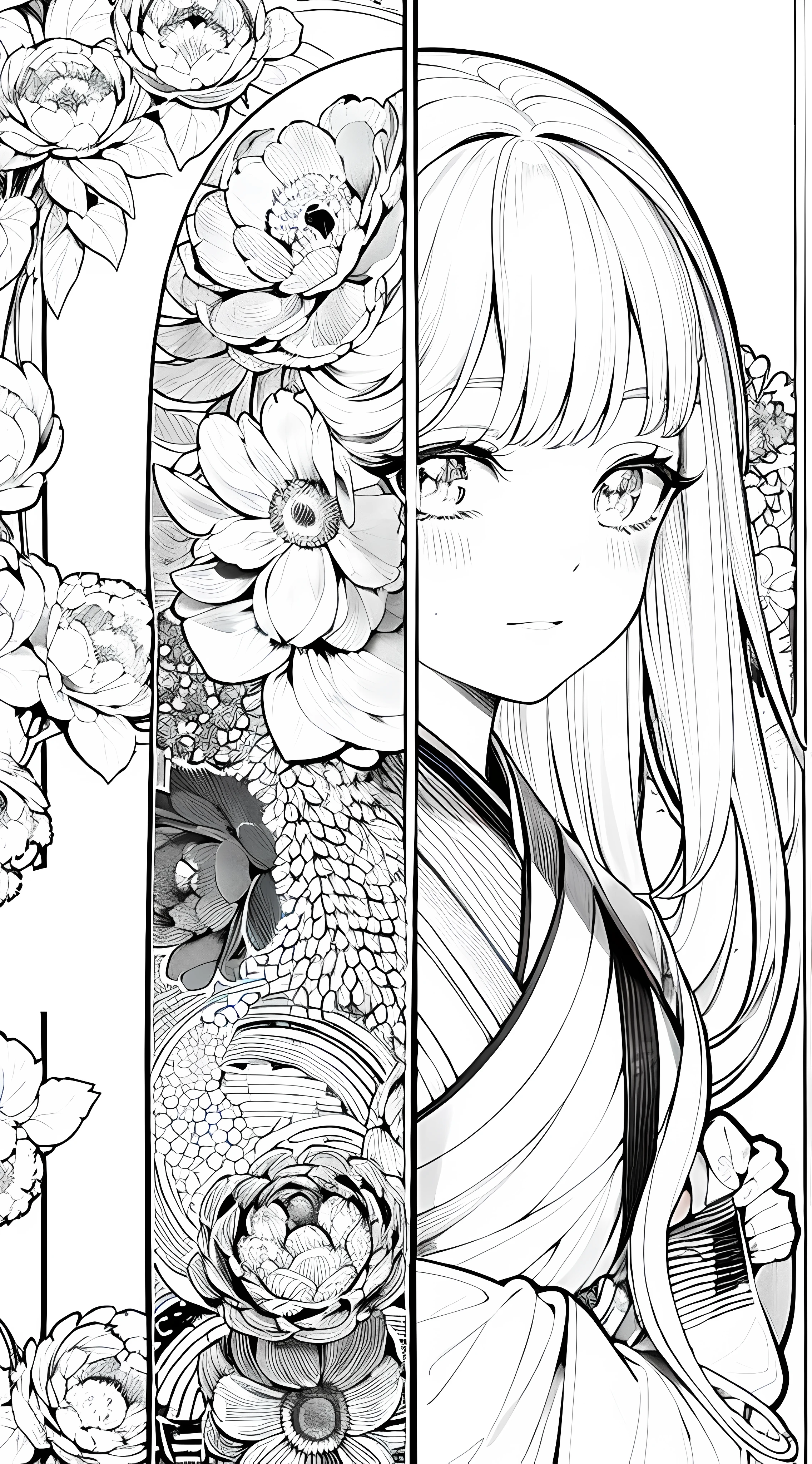 Detail face, line drawing, monochrome, line drawing children, Hanfu, white hair, peony flowers, white background,
