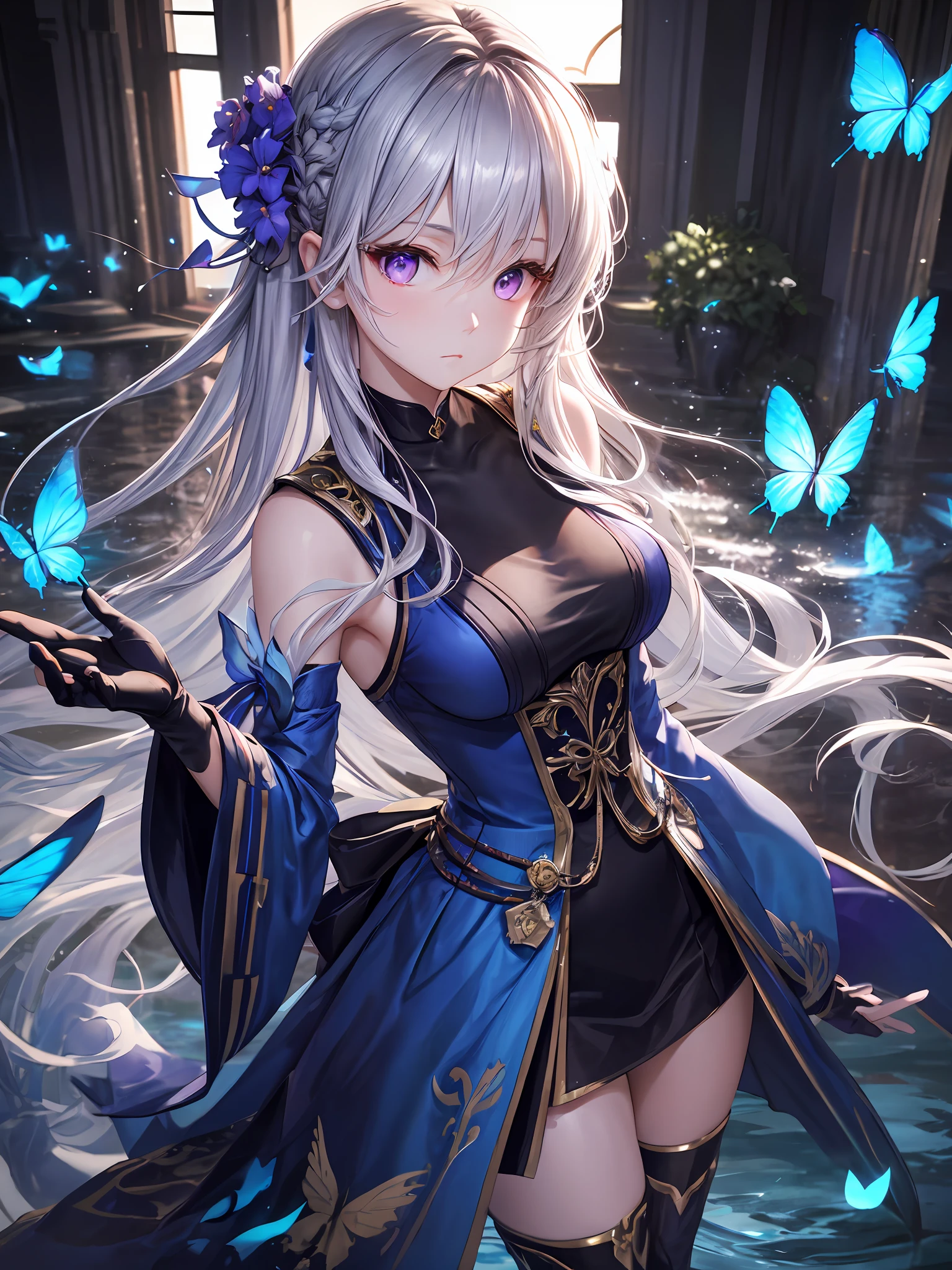 (Overhead view),dynamic angle,ultra-detailed, illustration, close-up, straight on, 1girl, (fantasy:1.4), ((purple eyes)),Her eyes shone like dreamy stars,(glowing eyes:1.233),(beautiful and detailed eyes:1.1),(Silver hair:1.14),(messy hair,very long hair,french braid,hair between eyes,sidelocks), (+(bule hair flower:1.14)),(chiffon dress,bule flower pattern in uniform)/=(military uniform:1.24),(detached sleeves,wide sleeves),(fingerless gloves),choker,(miko thighhighs),High heeled boots,(expressionless,closed mouth),(standing), (classical Princess boudoir with dressing tableand french windowin a white ancient palaces),(white flowers,bloom),(abysmal sea),(flowing water),(a dull blue world tree:1.14),(ruins),(night:1.2),dreamy,soul,(fluorescence),(flying translucent blue butterflies:1.15), [[delicate fingers and hands:0.55]::0.85],(detail fingers),(yubao:0.5),