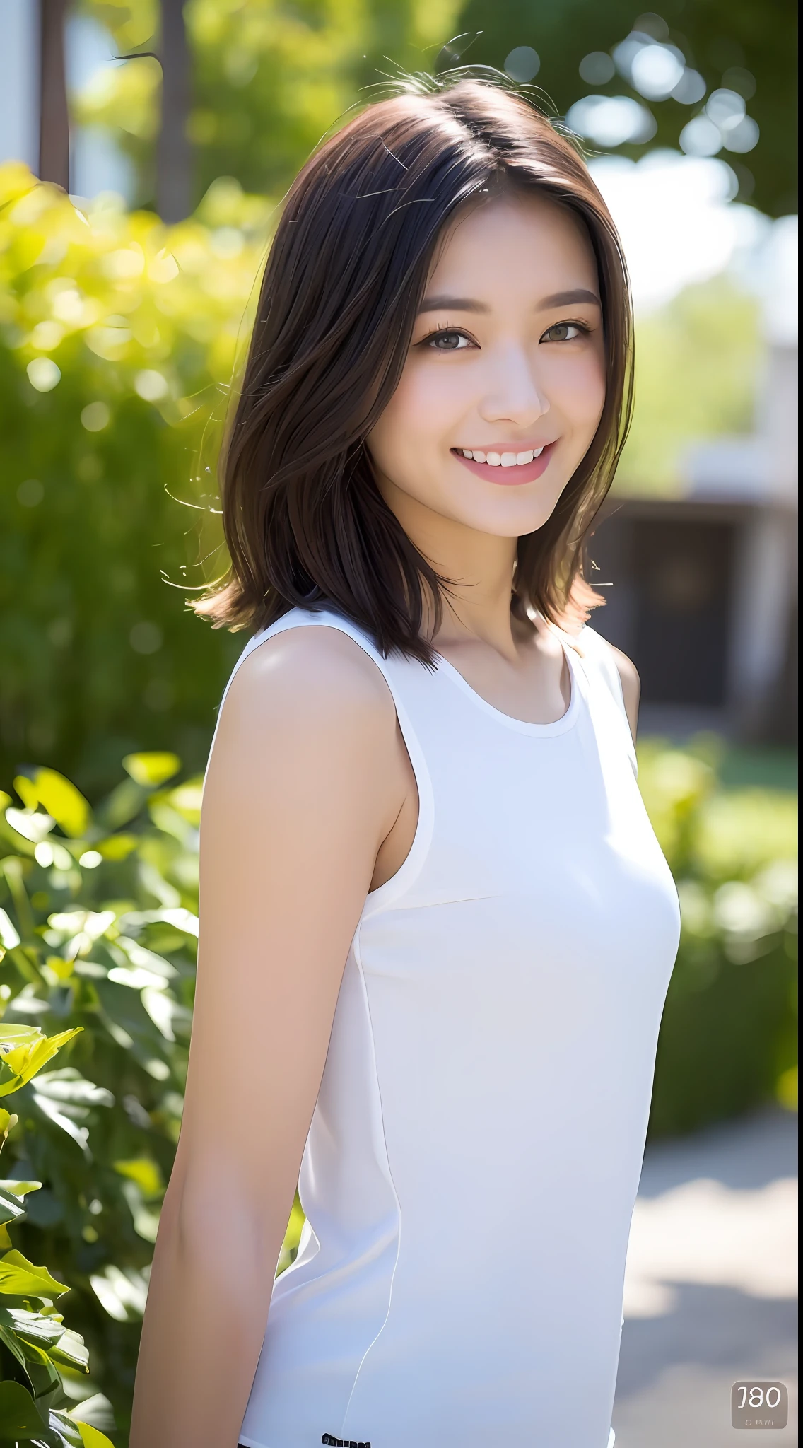 ((top quality, 8k, masterpiece: 1.3)), Sharp Focus: 1.2, Perfect Body Shape Pretty Woman: 1.4, Slender, Short Hair, Black Hair, Small: 1.8), White Sleeveless Shirt, Highly Detailed Face and Skin Texture, Detailed Eyes, Double Eyelids, Smile, Bokeh,